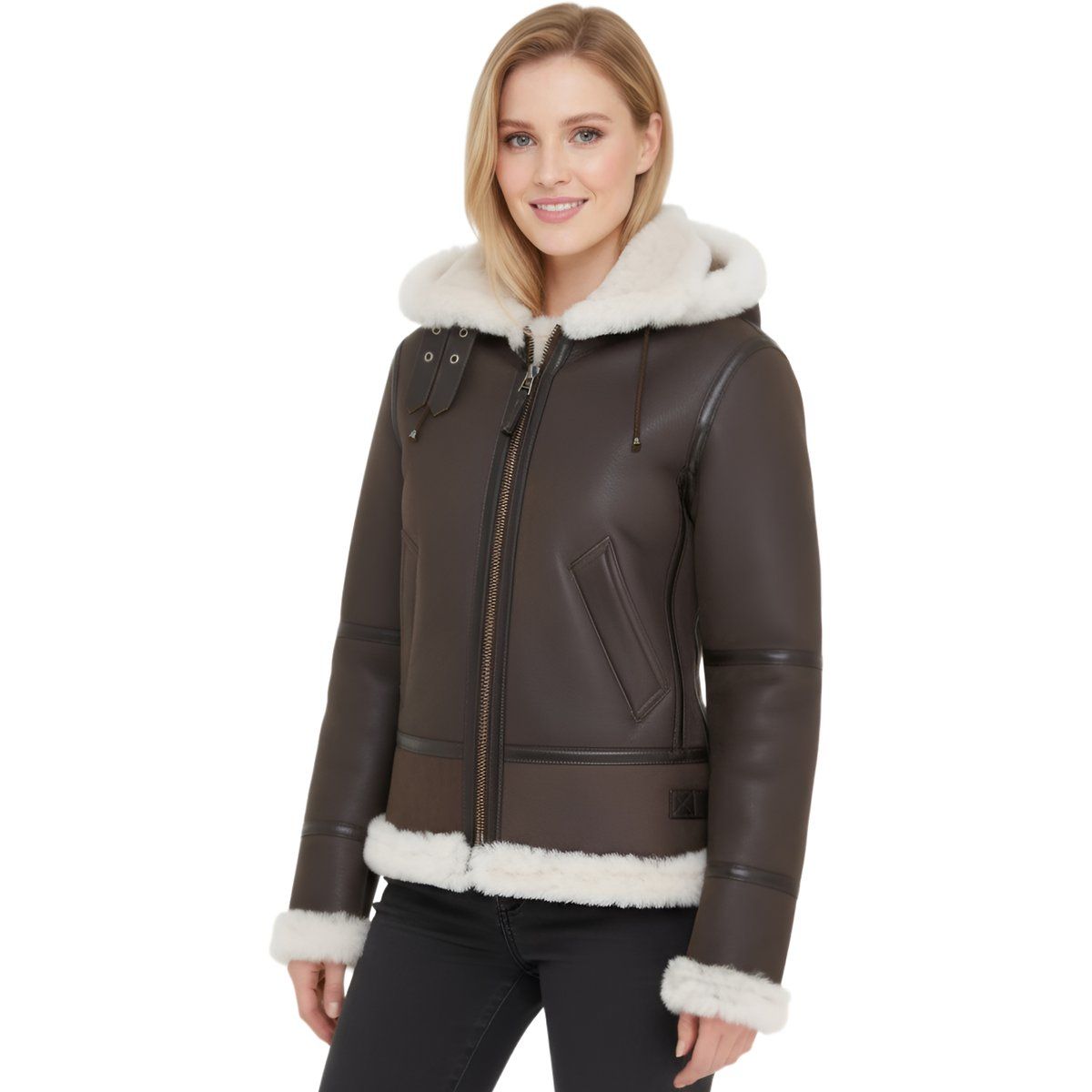 Schaffell-Fliegerjacke mit Kapuze