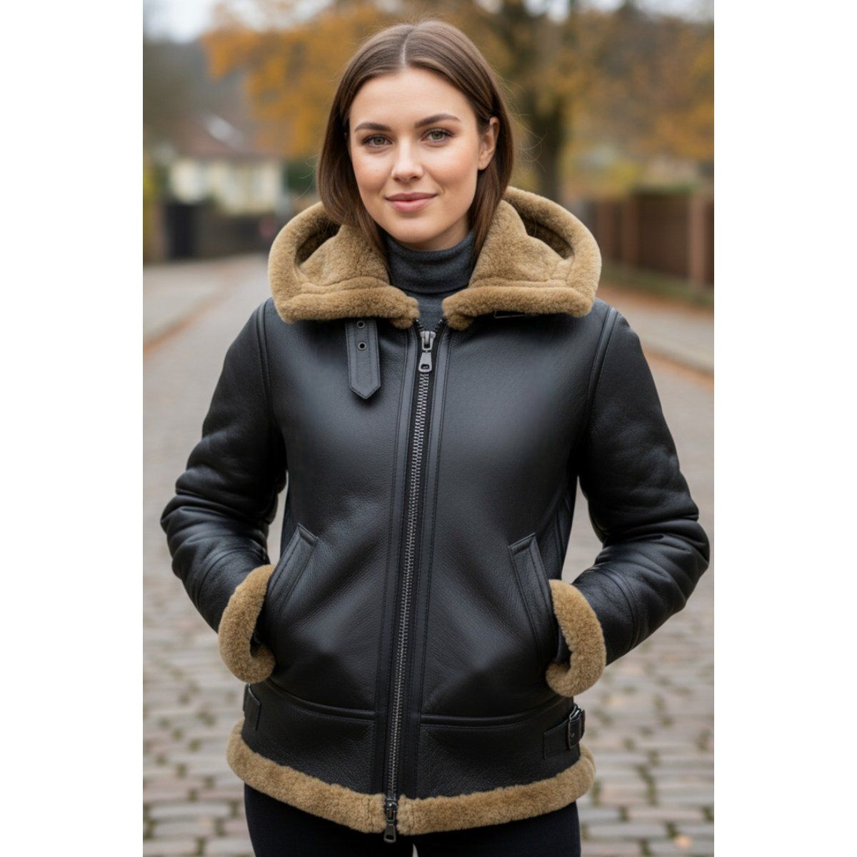 Lammfell-Fliegerjacke mit Kapuze