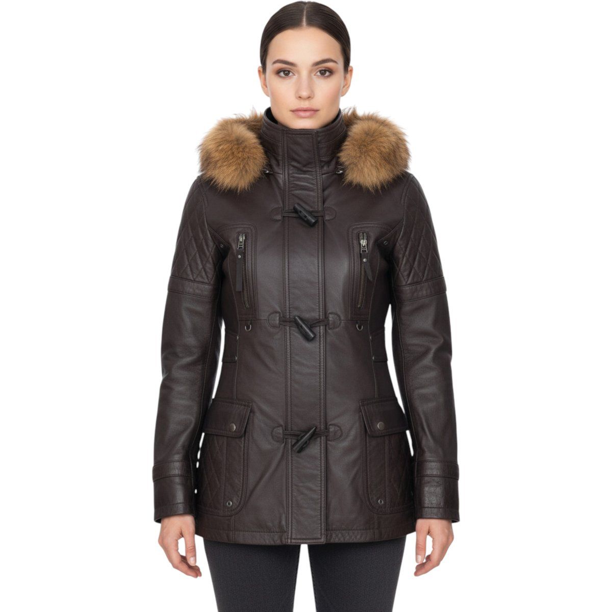 Gesteppter Lederparka mit Pelzkapuze
