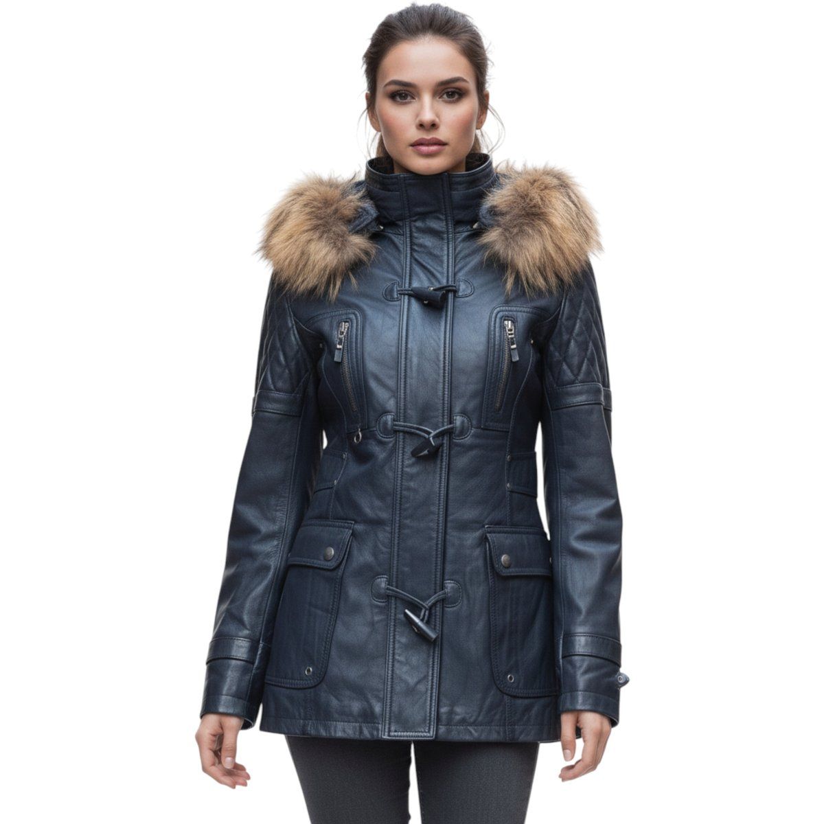 Gesteppter Lederparka mit Pelzkapuze