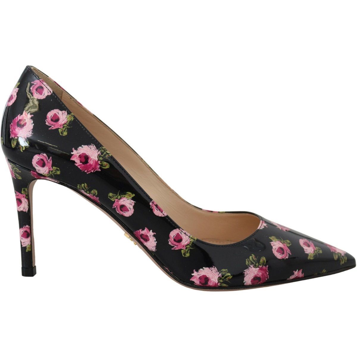 Florale Lackleder-Pumps mit spitzer Kappe