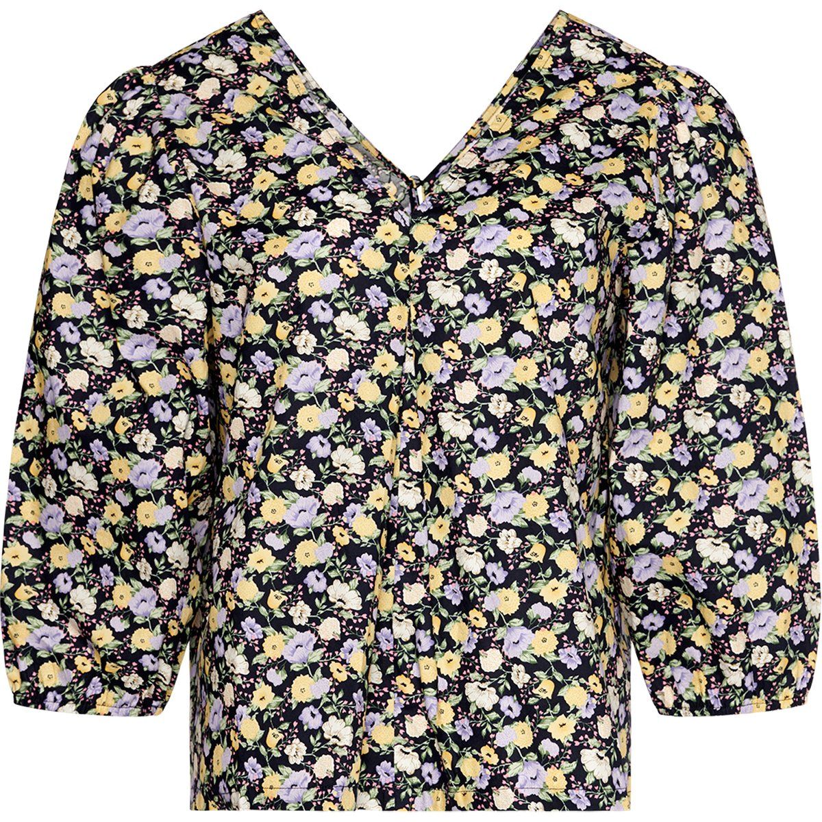 Florale V-Ausschnitt Puffärmel-Bluse