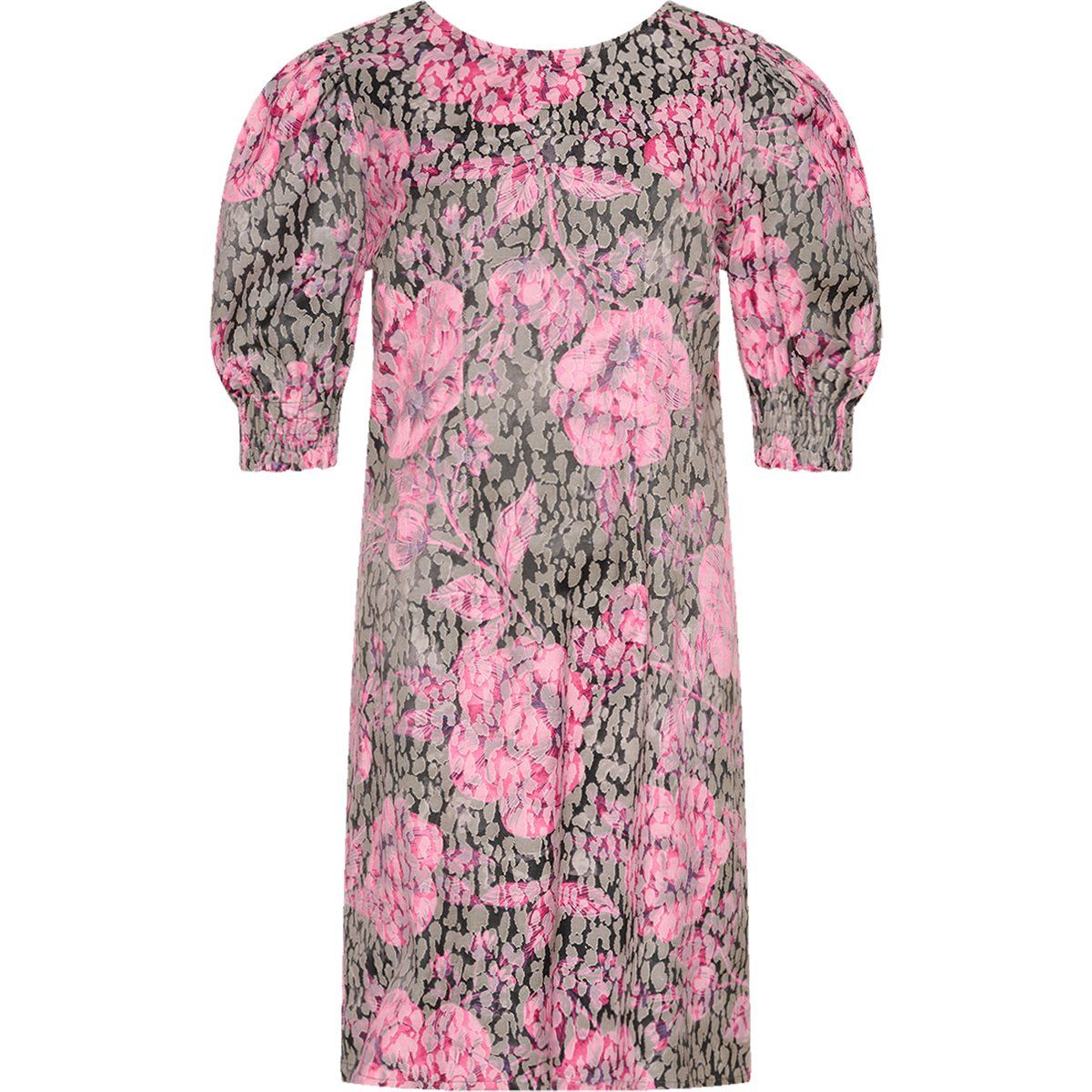 Jacquard-Midikleid mit Puffärmeln und Blumenmuster