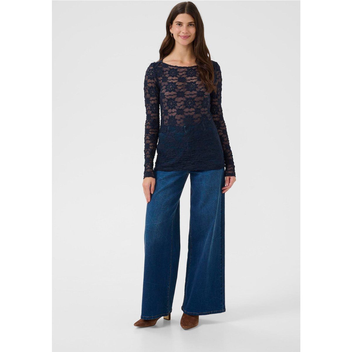 Transparentes Langarm-Spitzenshirt mit Blumenmuster