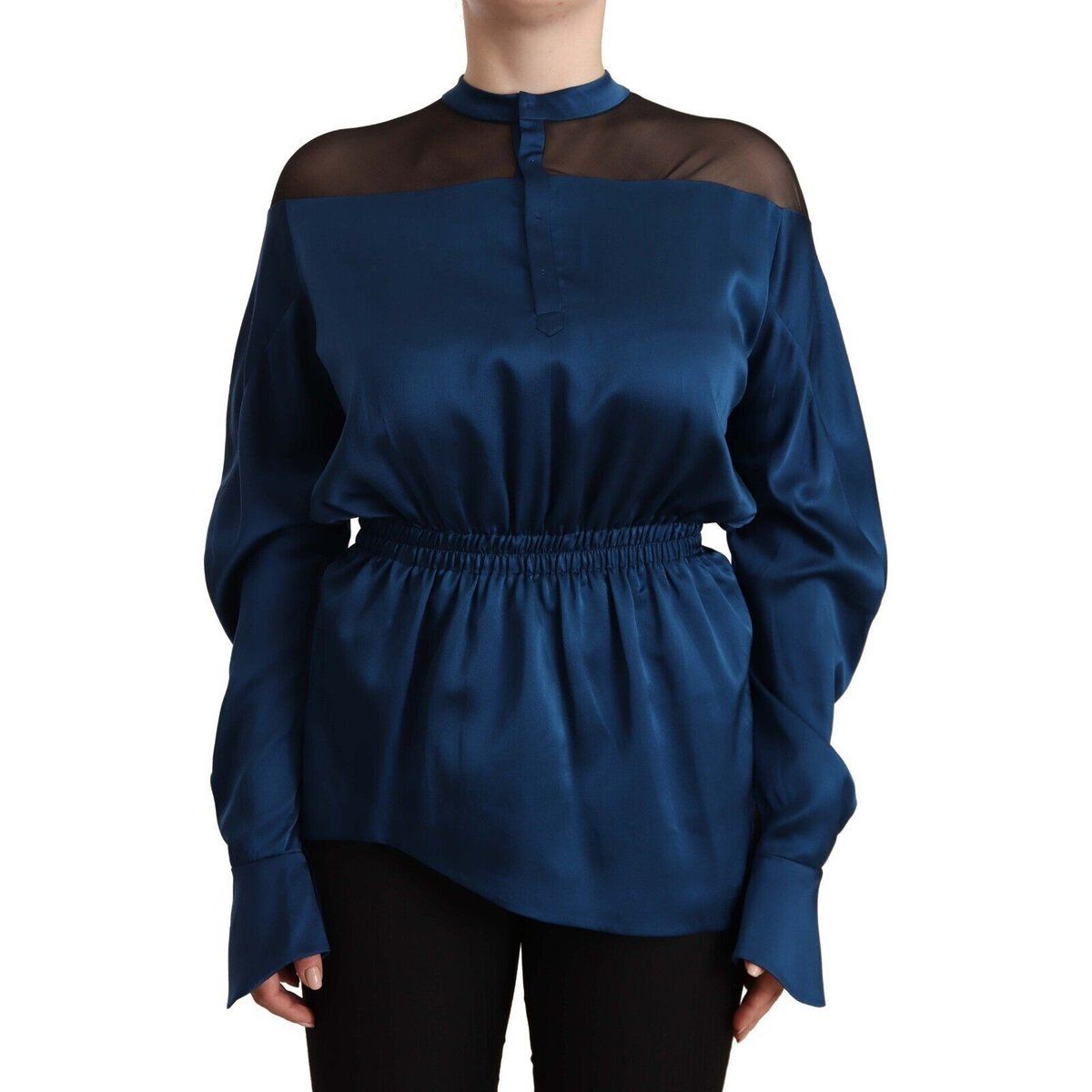 Seidensatin-Bluse mit hohem Kragen