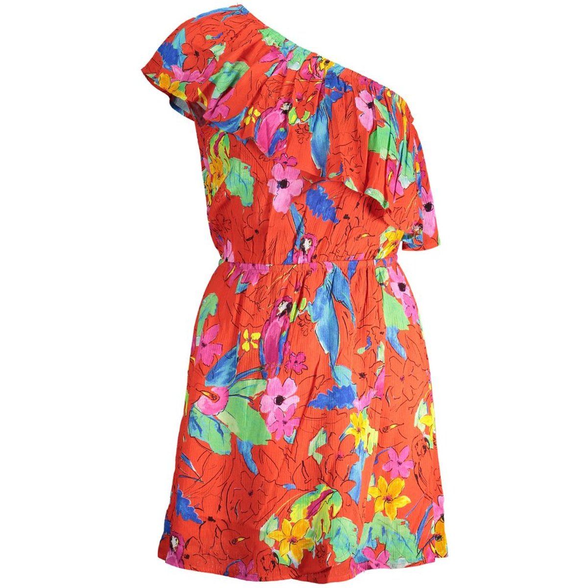 Einseitiges Rüschenkleid mit Papageien-Print