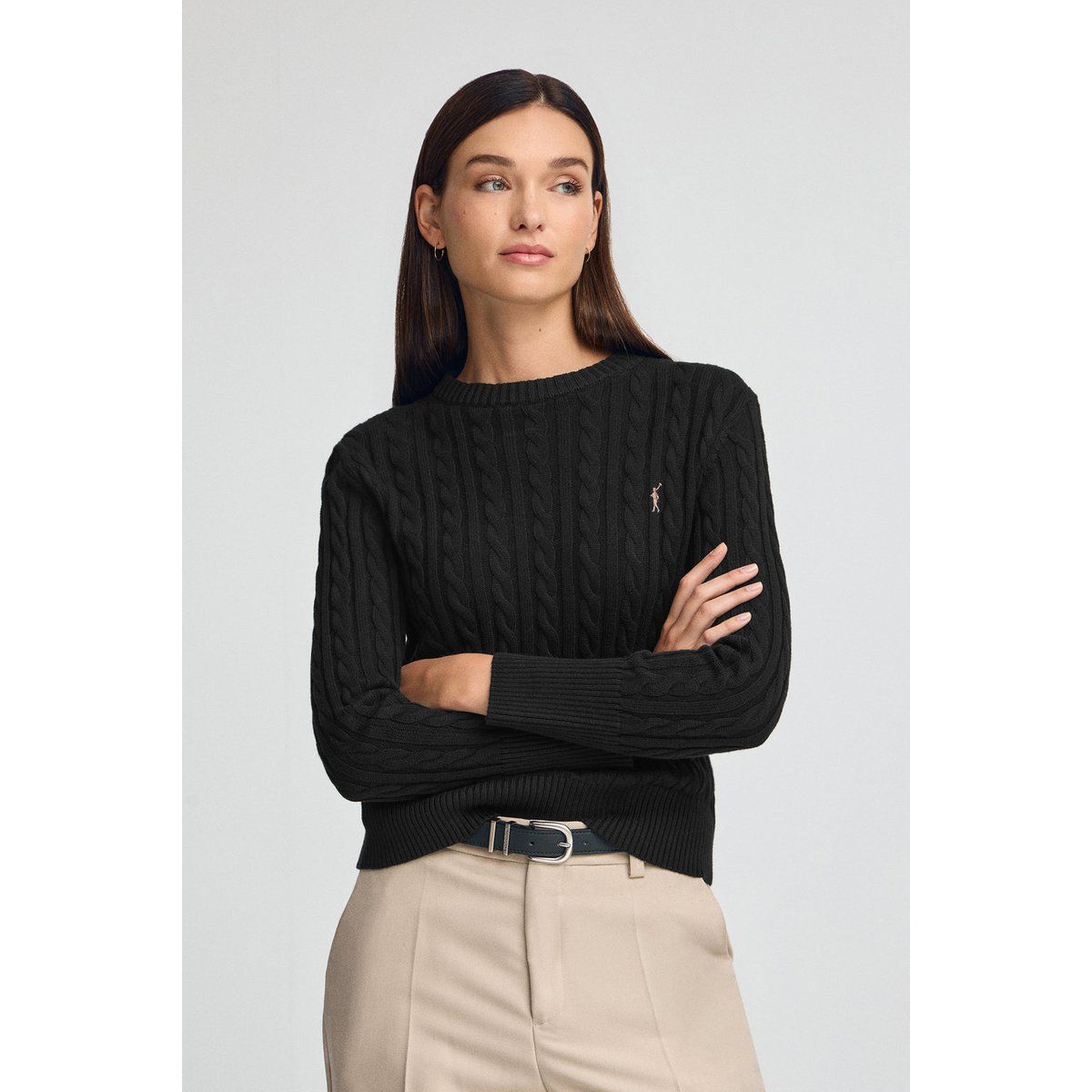 Zopfmuster-Pullover aus Wollmischung mit Rundhals
