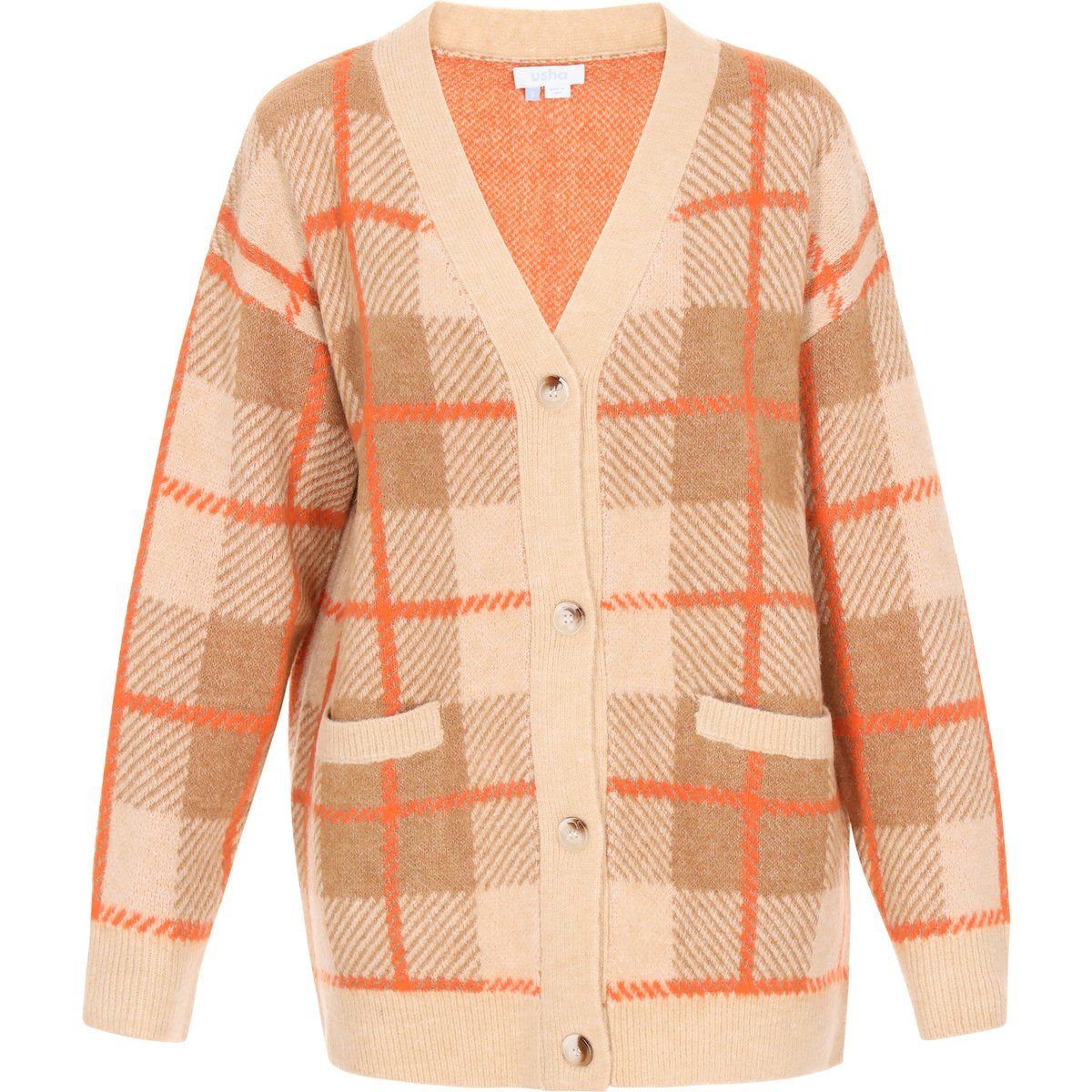 Karierte Oversized-Strickjacke mit V-Ausschnitt