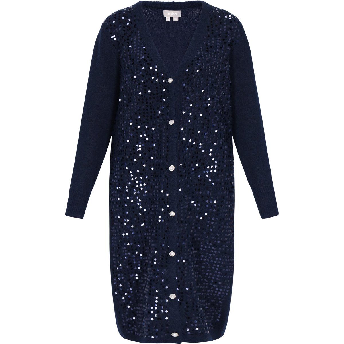 Lange Strickjacke mit Paillettenbesatz