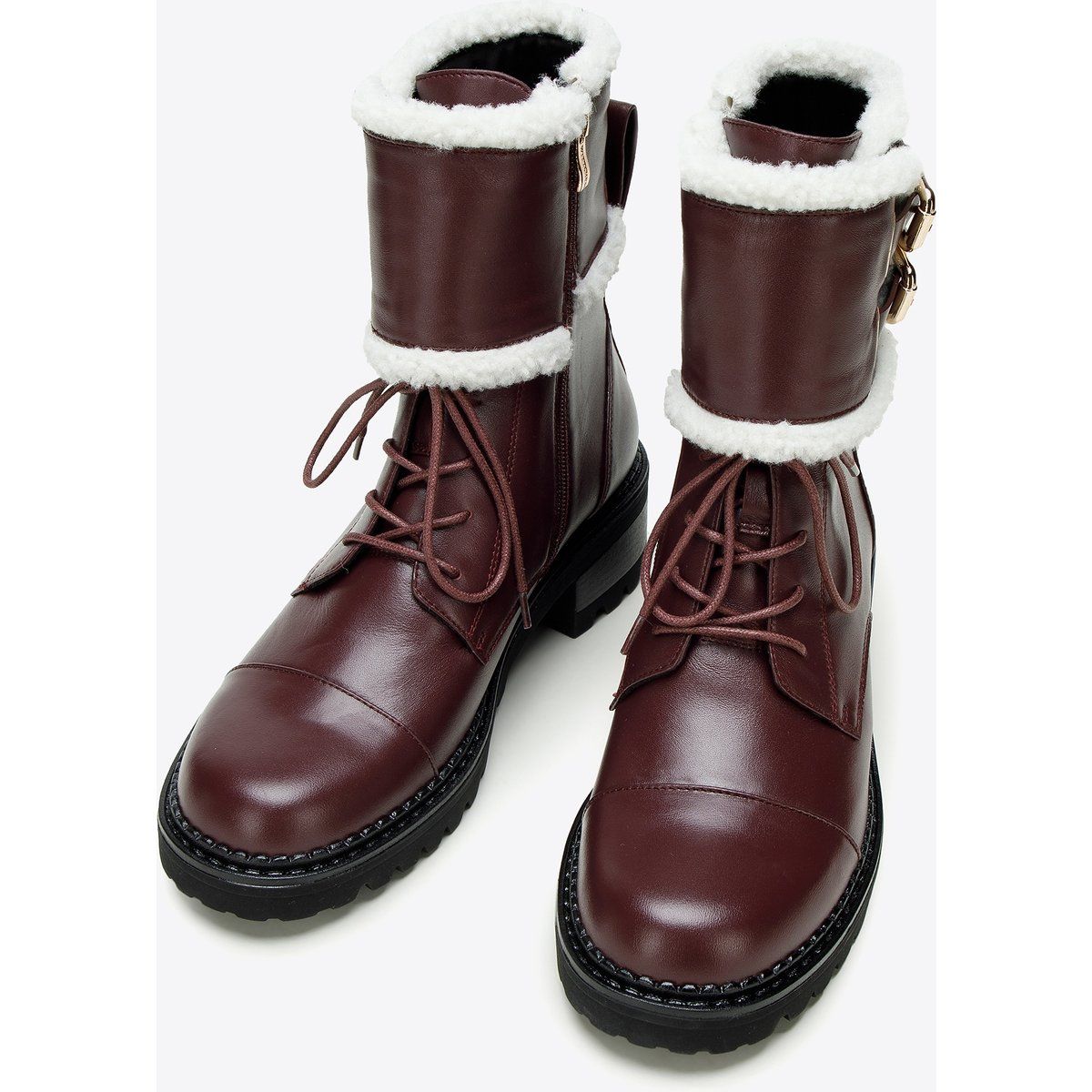 Leder-Schnürstiefel mit Kunstfellbesatz