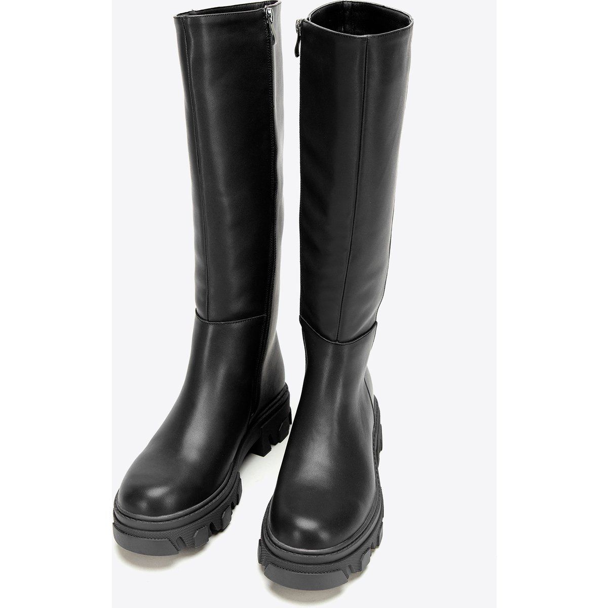 Leder-Kniestiefel mit klobiger Sohle