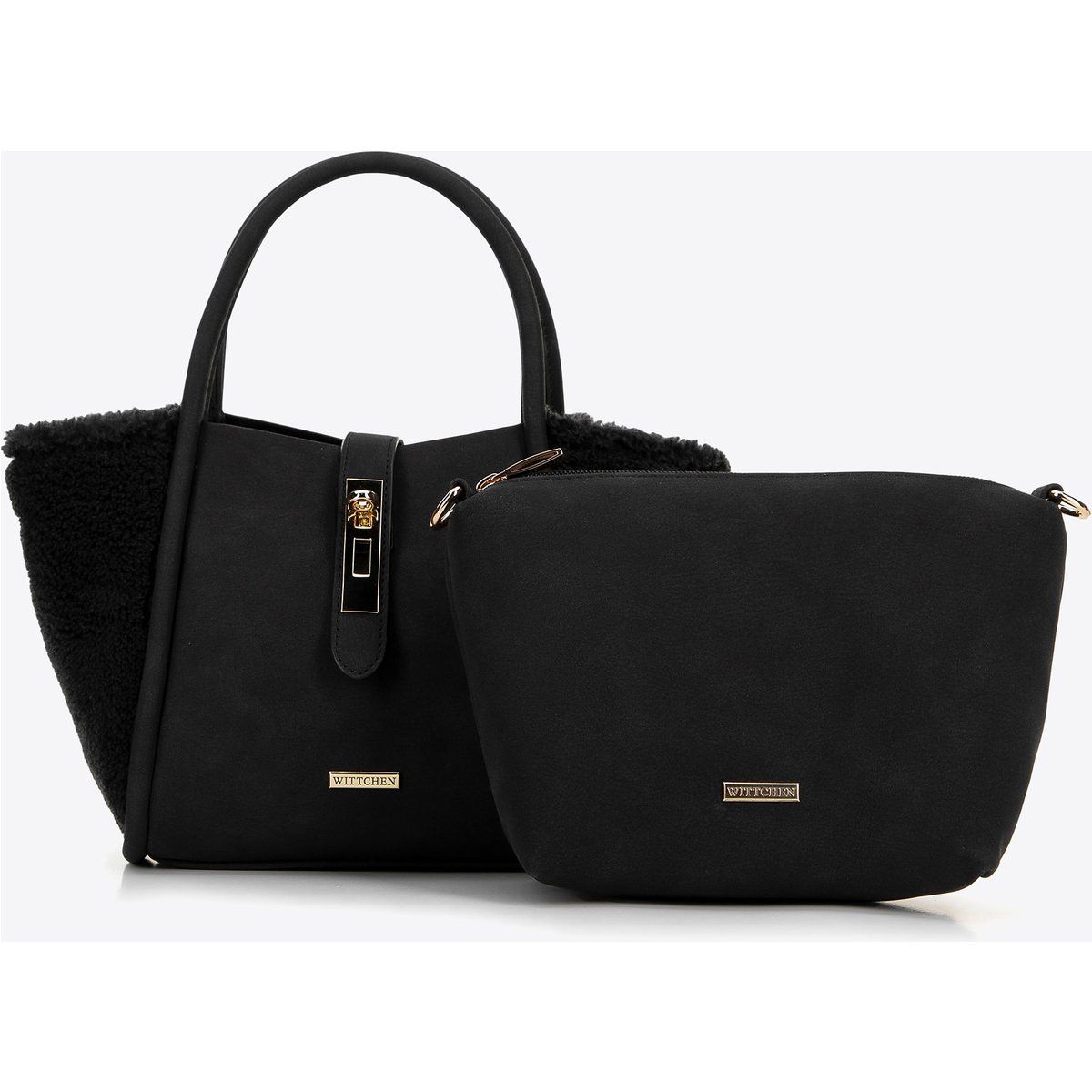 Handtaschen-Set mit Kunstfell-Besatz
