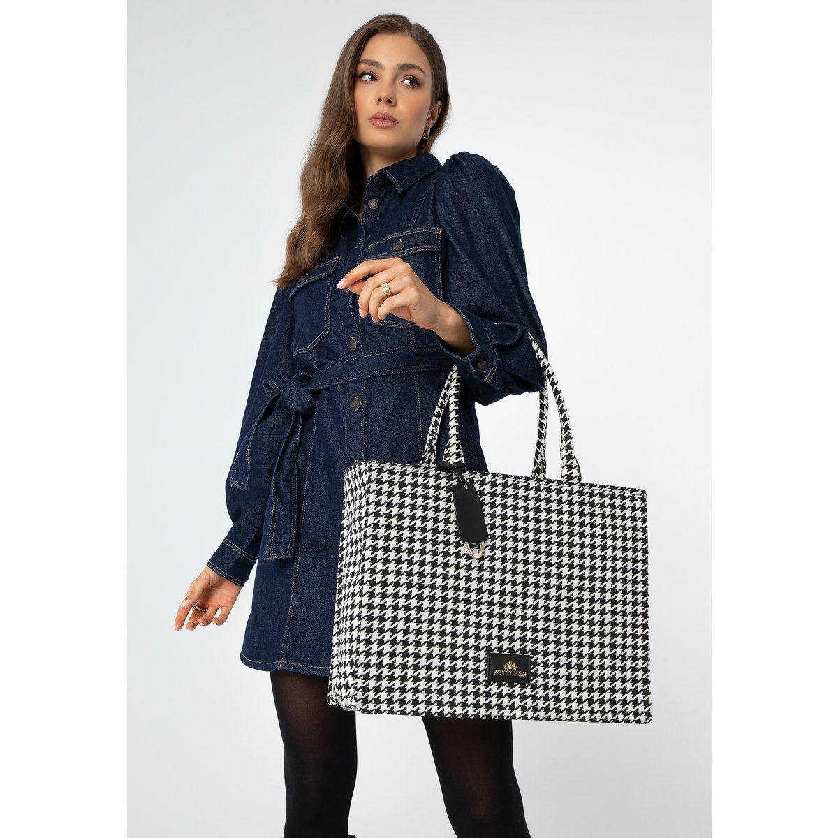 Jacquard-Shopper mit Hahnentrittmuster