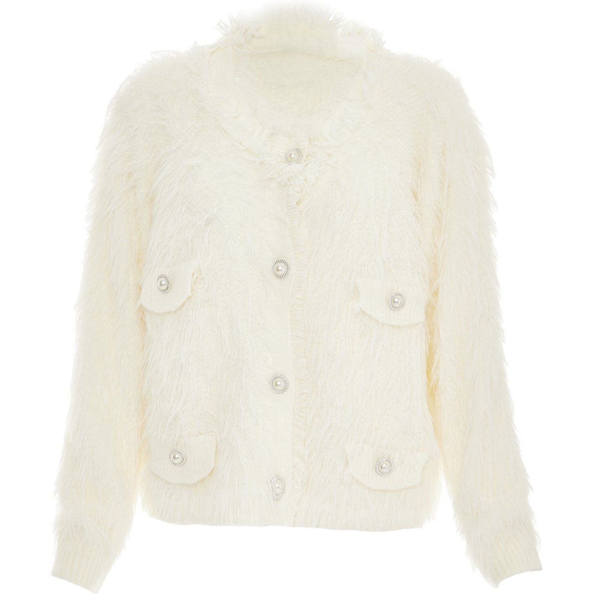 Strukturierte flauschige Strickjacke mit Perlenknöpfen