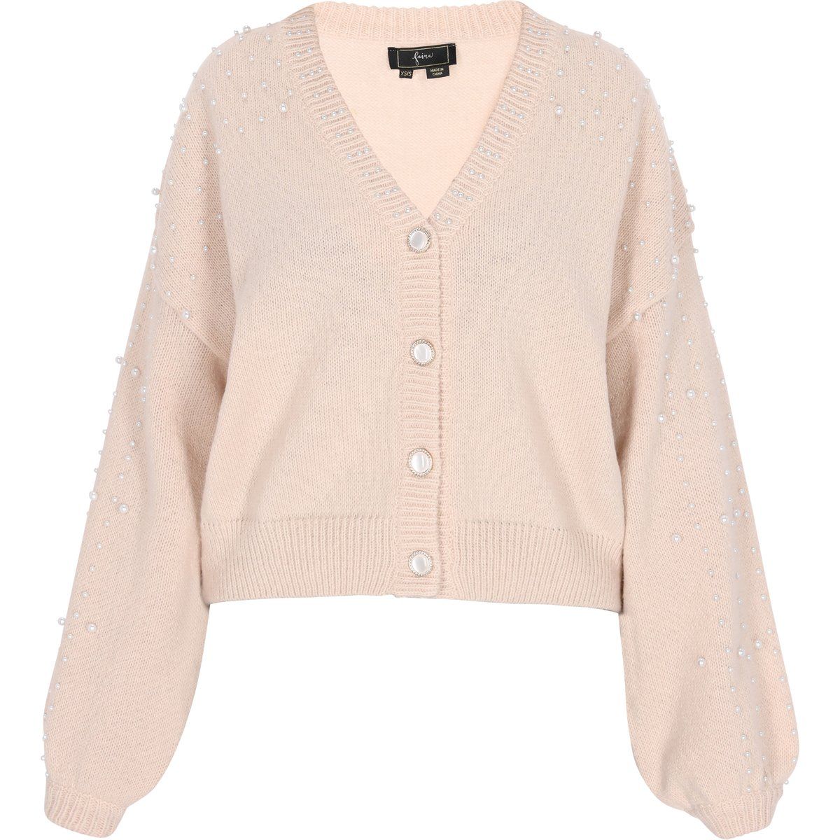 Perlenverzierte Strickjacke mit V-Ausschnitt