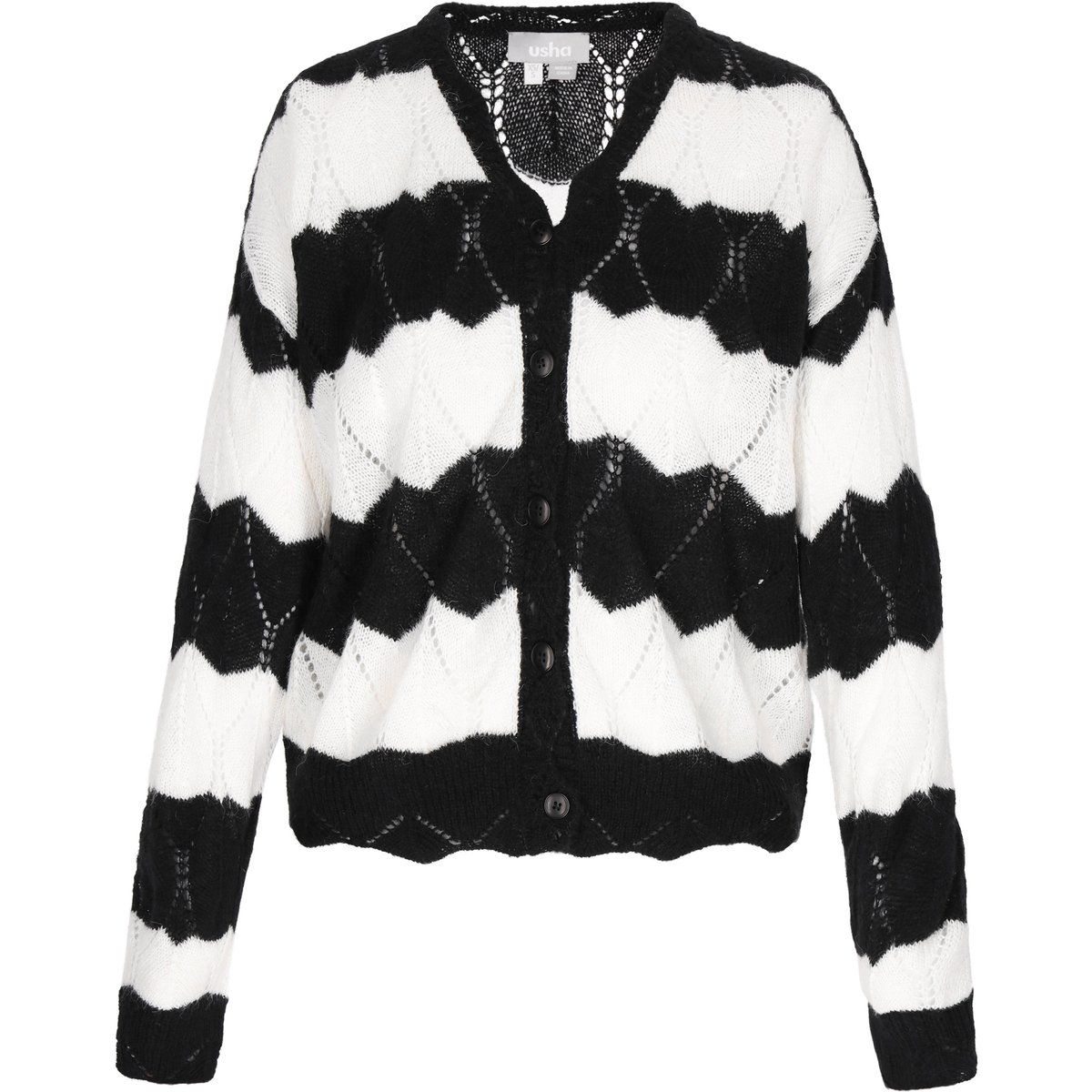 Gestreifter Ajour-Strickcardigan mit V-Ausschnitt