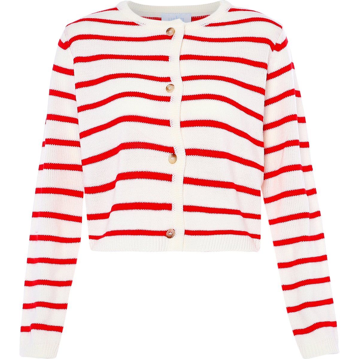 Gestreifte Kurzstrickjacke im Marine-Look