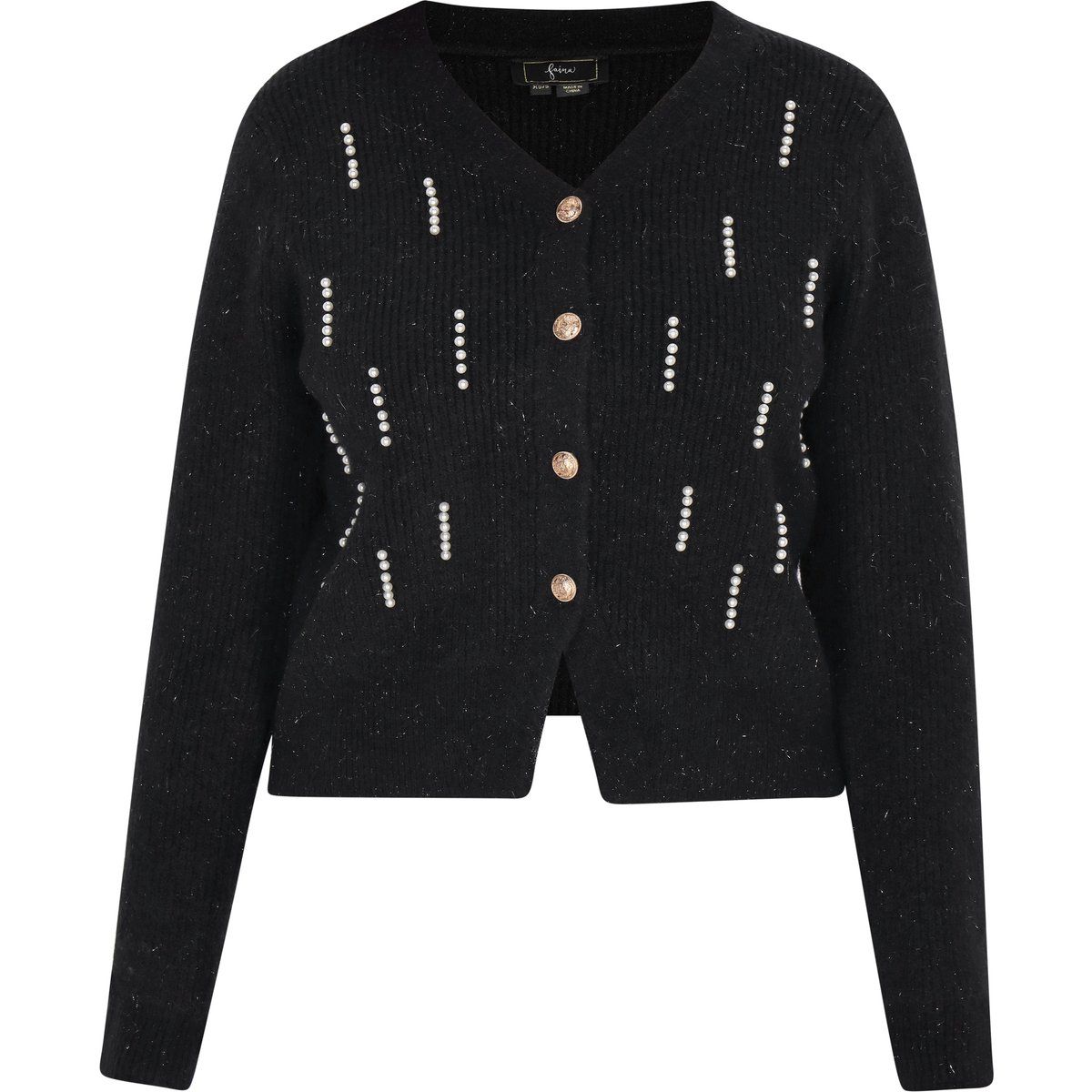 V-Ausschnitt Strickjacke mit Perlenverzierung
