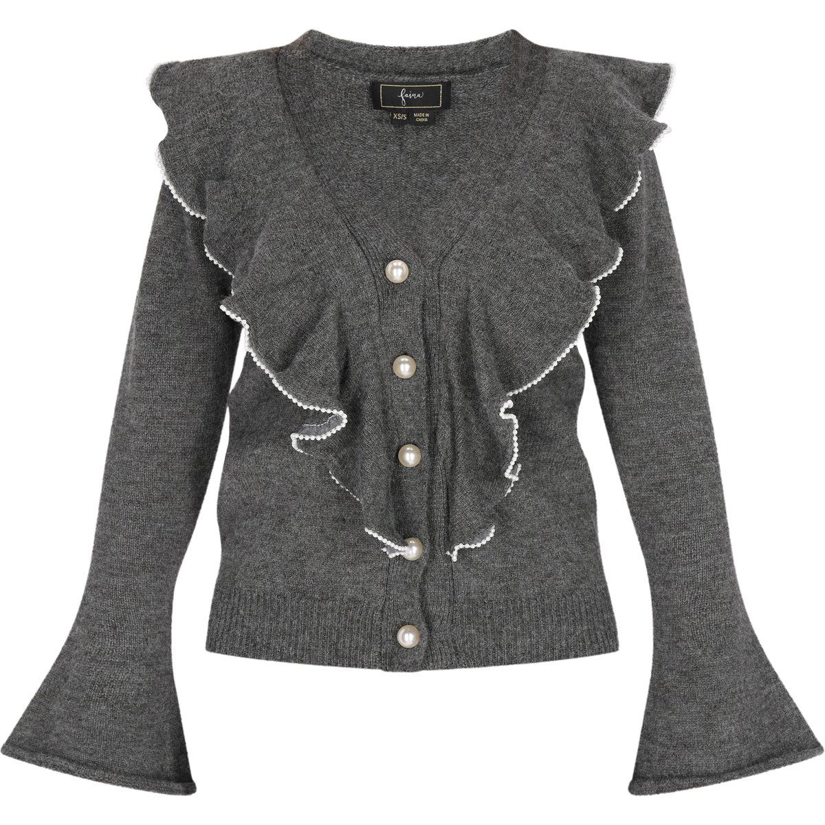 Strickjacke mit Rüschen und Perlenknöpfen