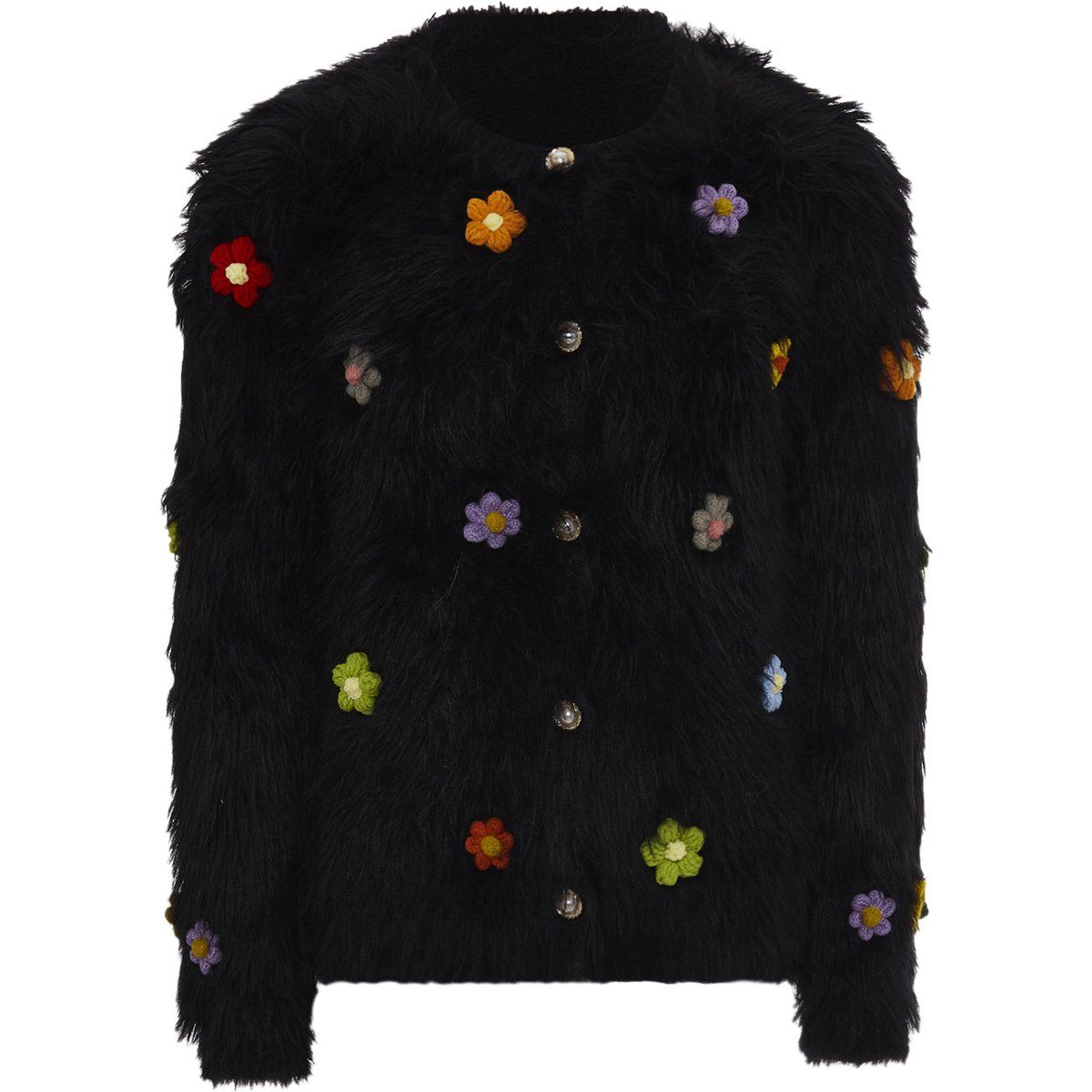 Flauschiger Strick-Cardigan mit Blumen-Applikationen