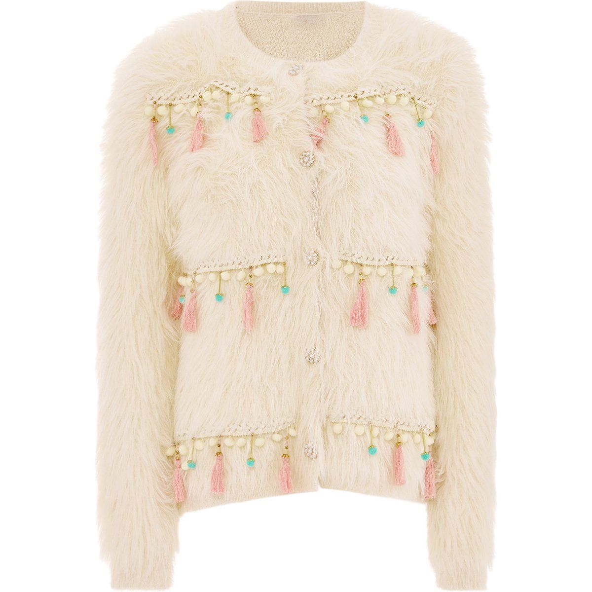 Flauschige verzierte Strickjacke mit Quasten