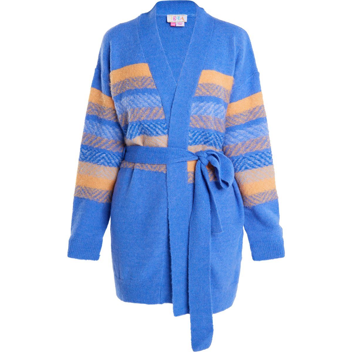Gestreifter langer Strick-Cardigan mit Gürtel