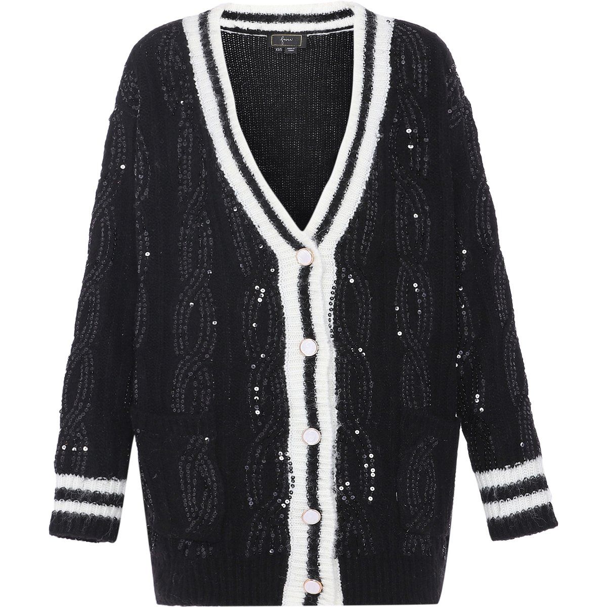 Long-Strickjacke mit Pailletten-Zopfmuster