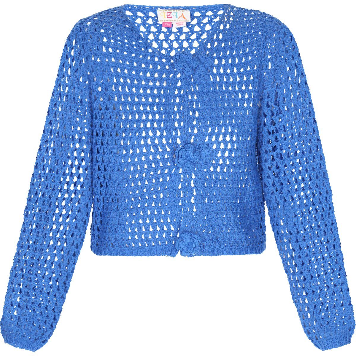 Boho Häkel-Strickjacke mit Blumenknöpfen