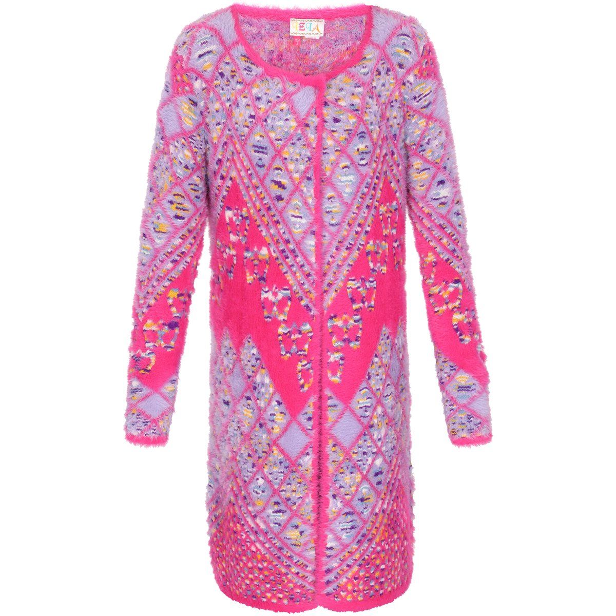 Lange flauschige Strickjacke mit Aztekenmuster