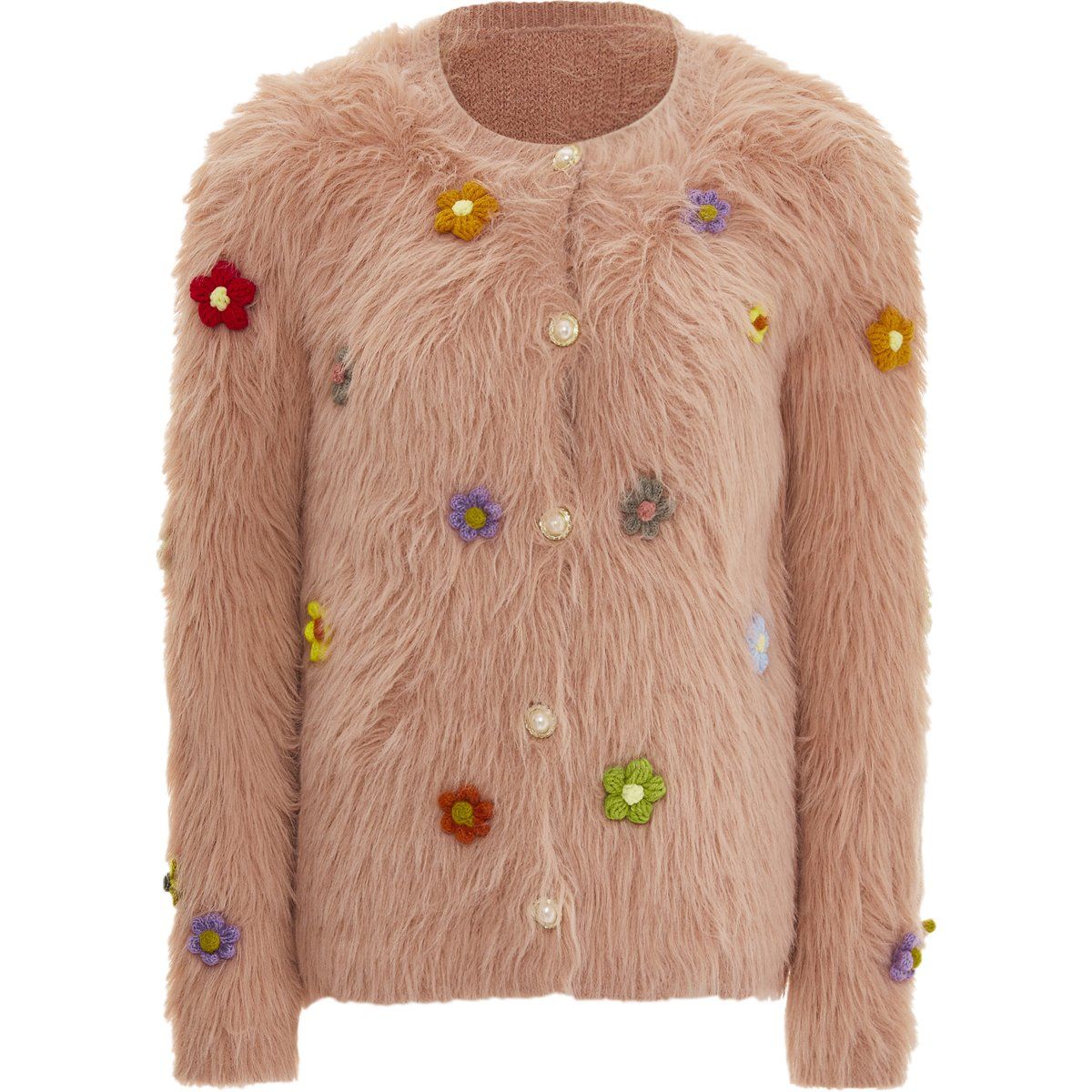 Flauschiger Cardigan mit bunten Blumenapplikationen