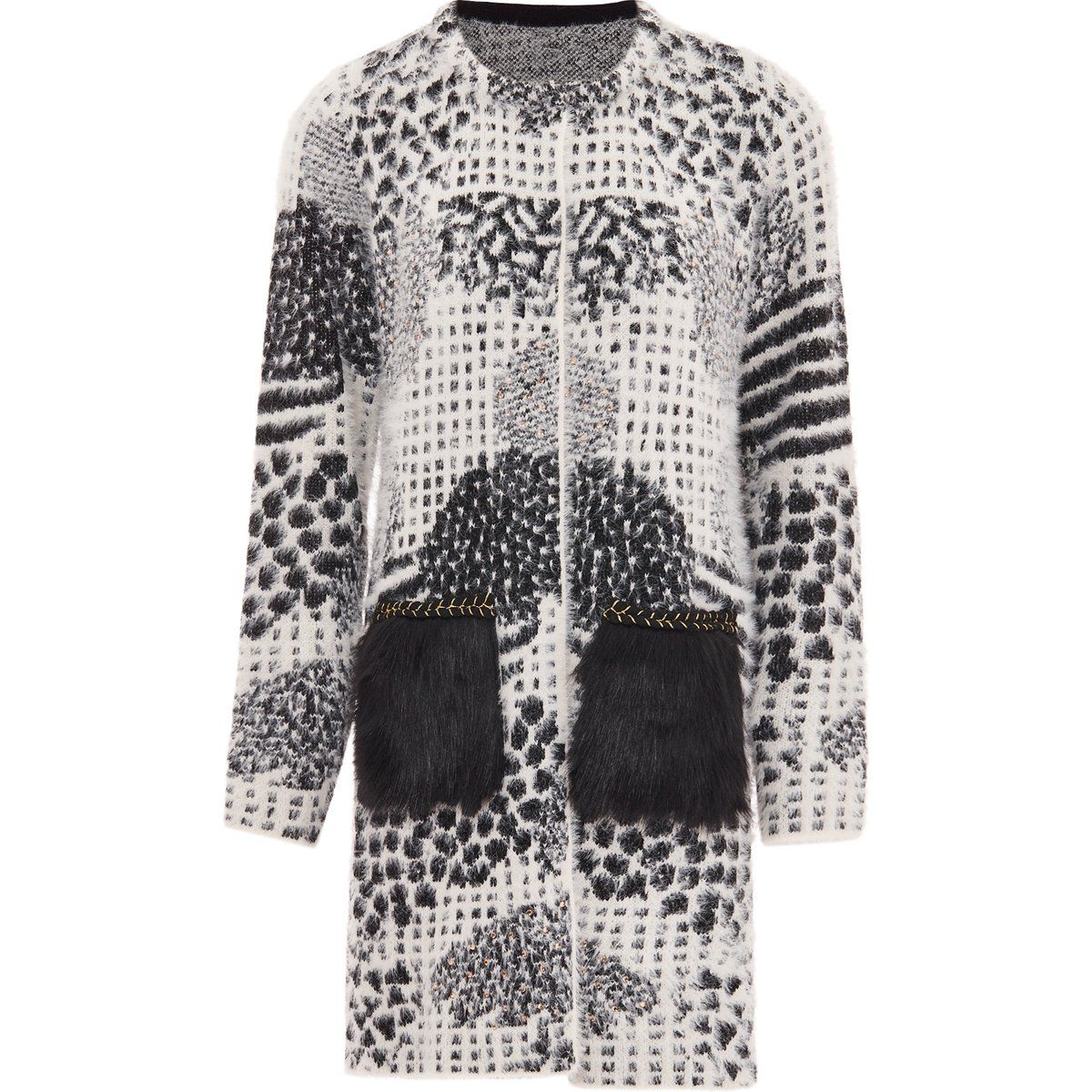 Langer gemusterter Cardigan mit Pelztaschen