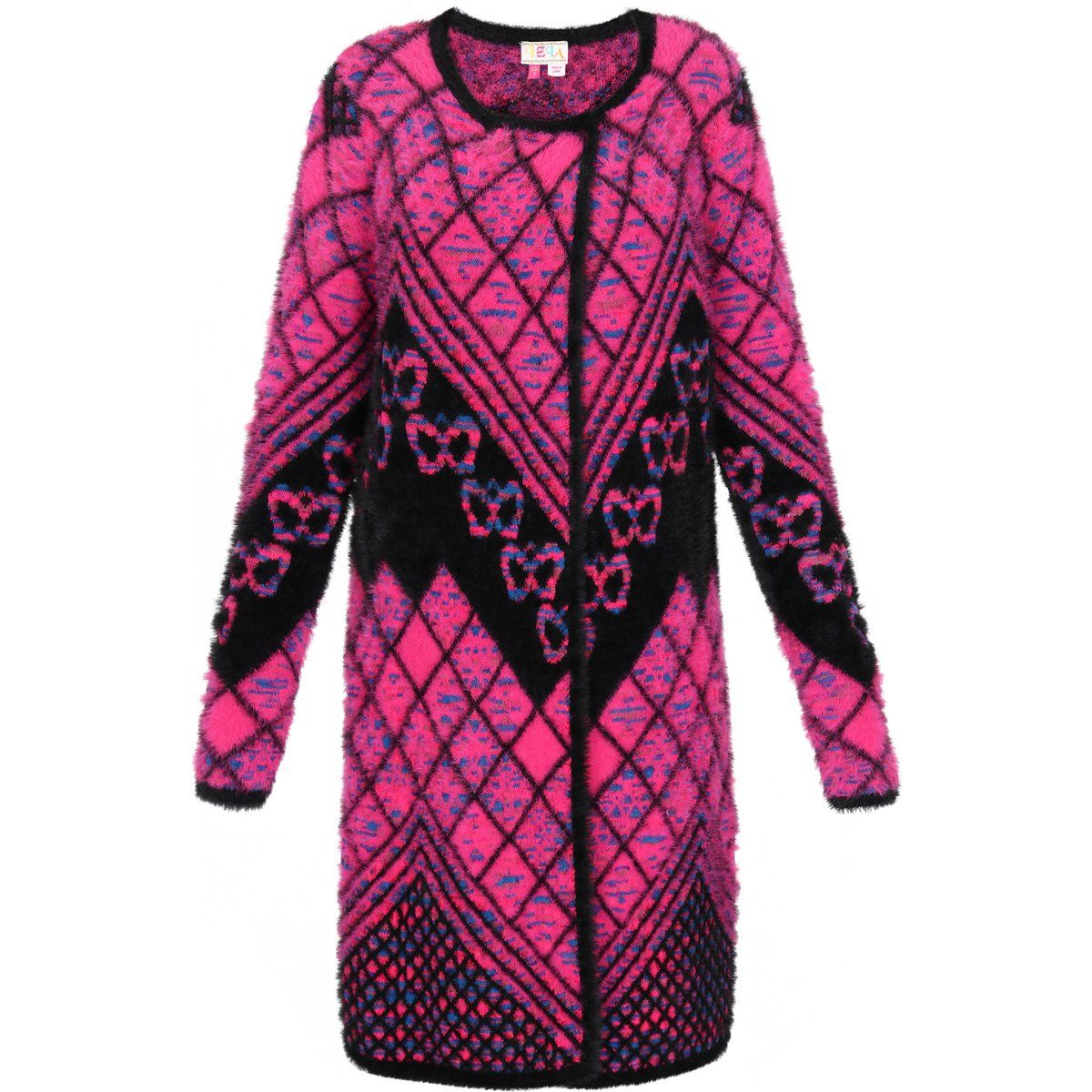 Lange flauschige Strickjacke mit Schmetterlingsmuster