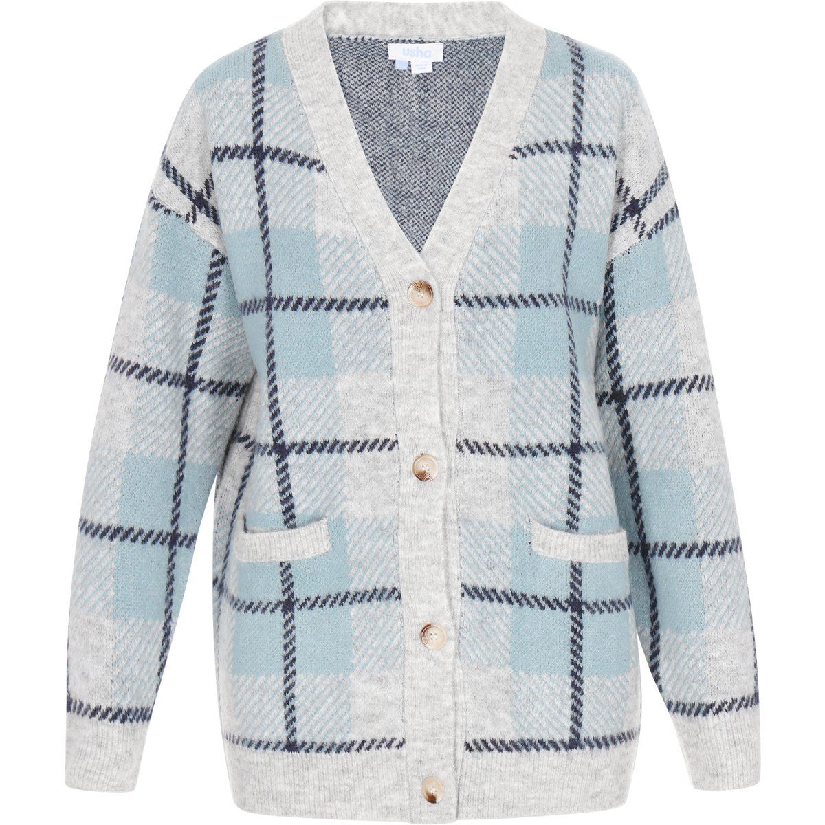 Karierter V-Ausschnitt Oversized Cardigan
