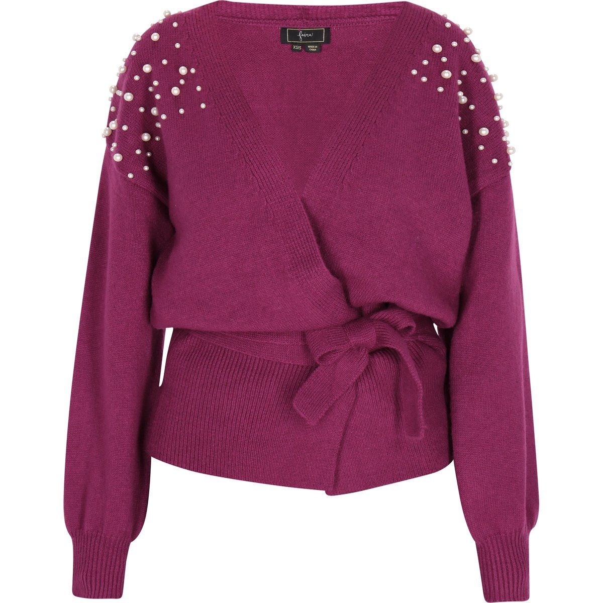 Strickjacke im Wickeldesign mit Perlen