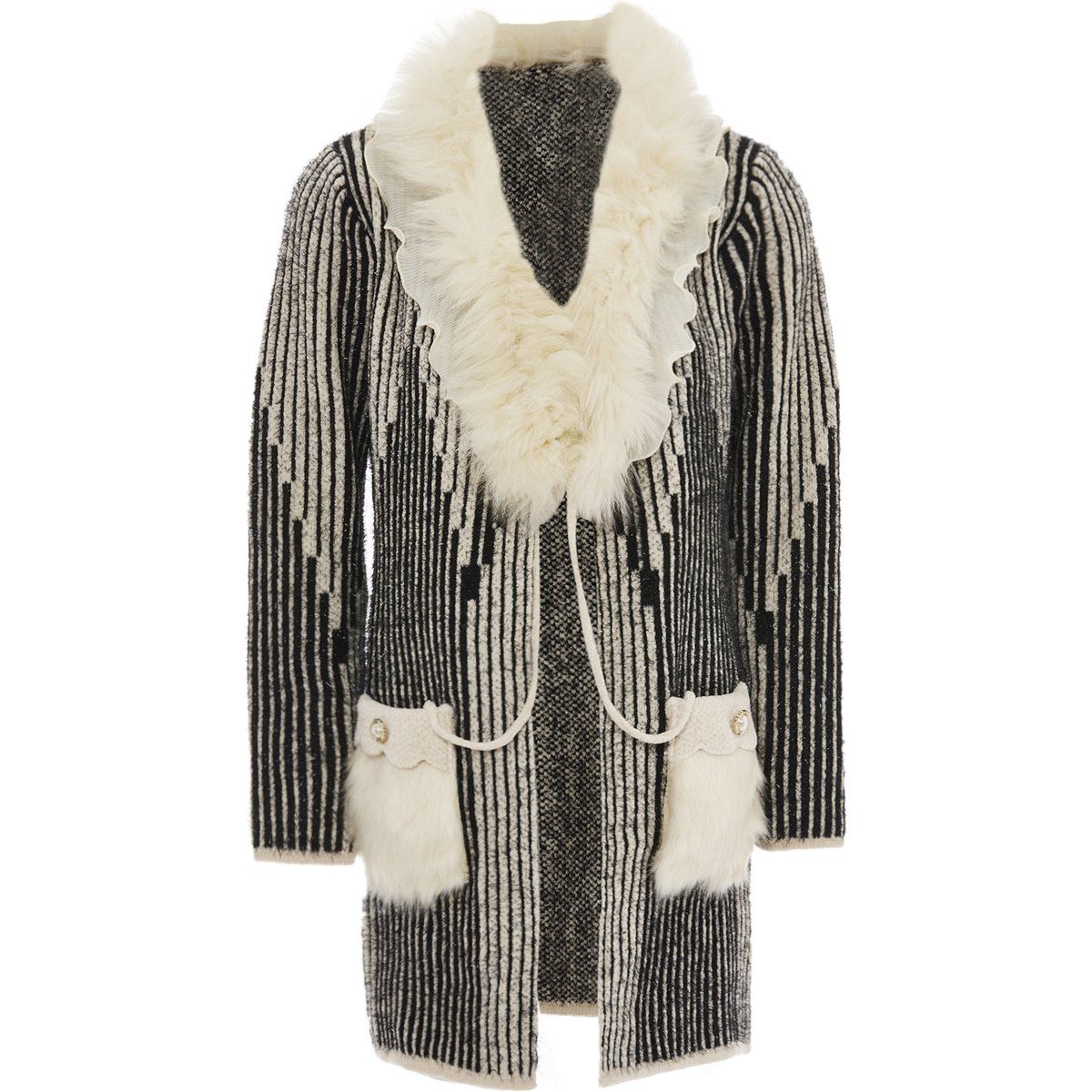 Gemusterte lange Strickjacke mit Pelzkragen