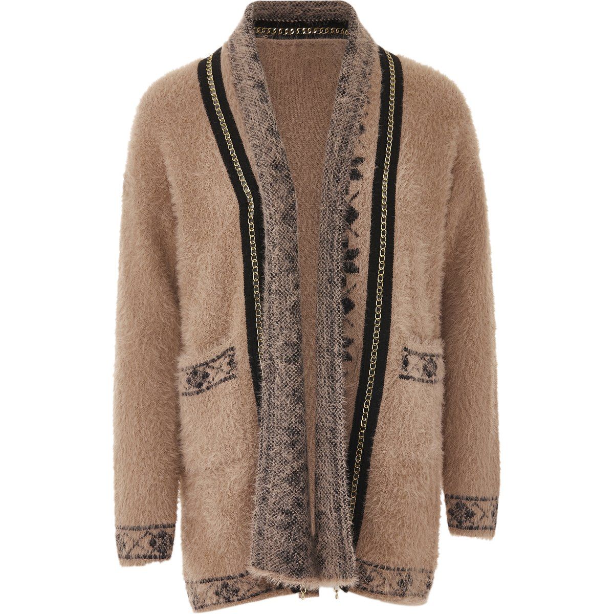 Flauschiger Cardigan mit gemusterter Borte