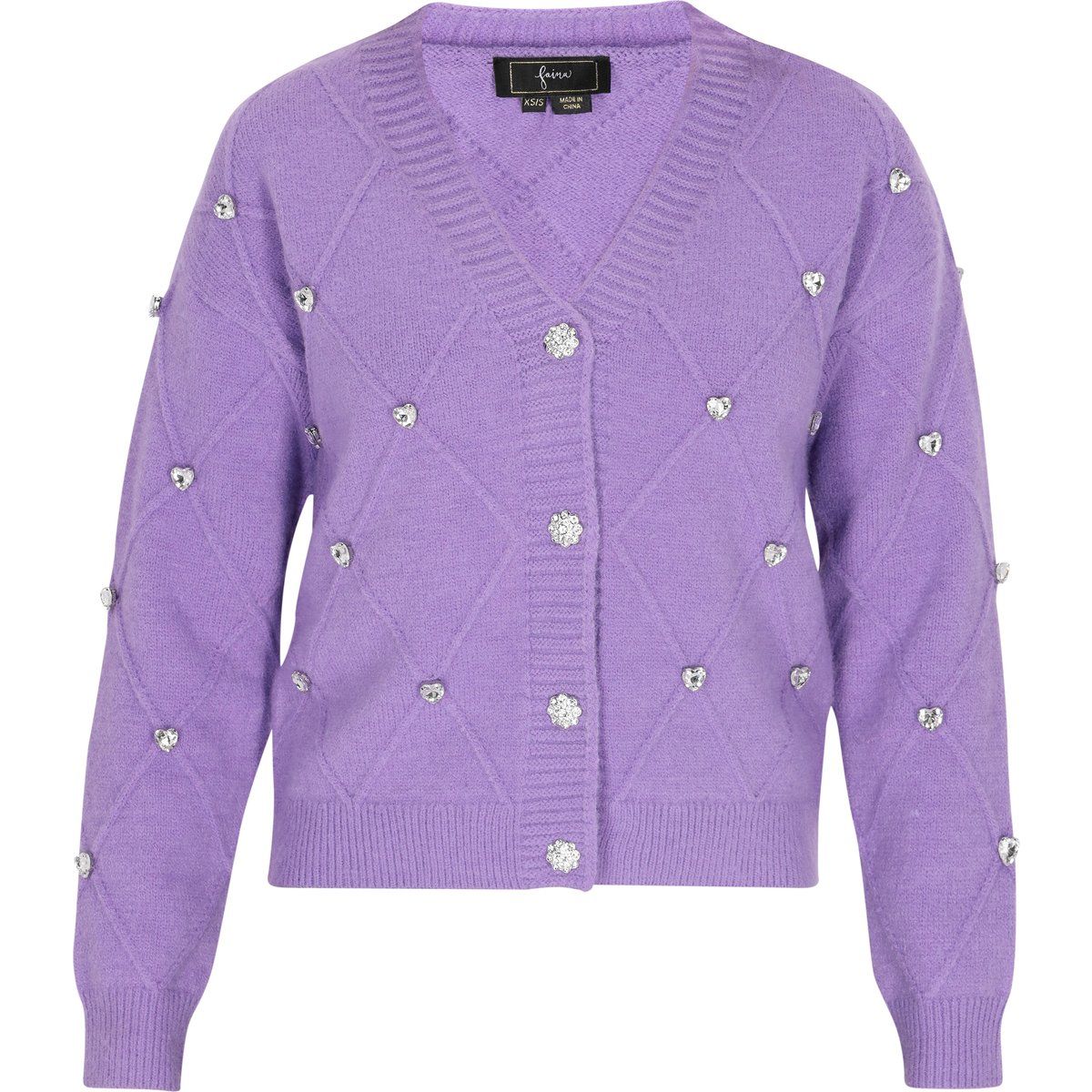 Rautenmuster-Strickjacke mit Strass-Verzierungen