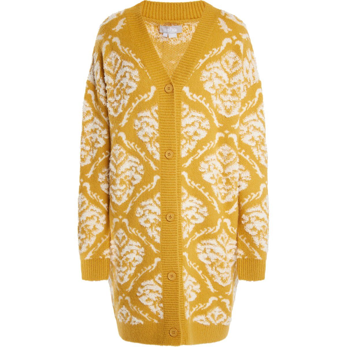 Lange V-Ausschnitt Strickjacke mit Intarsienmuster