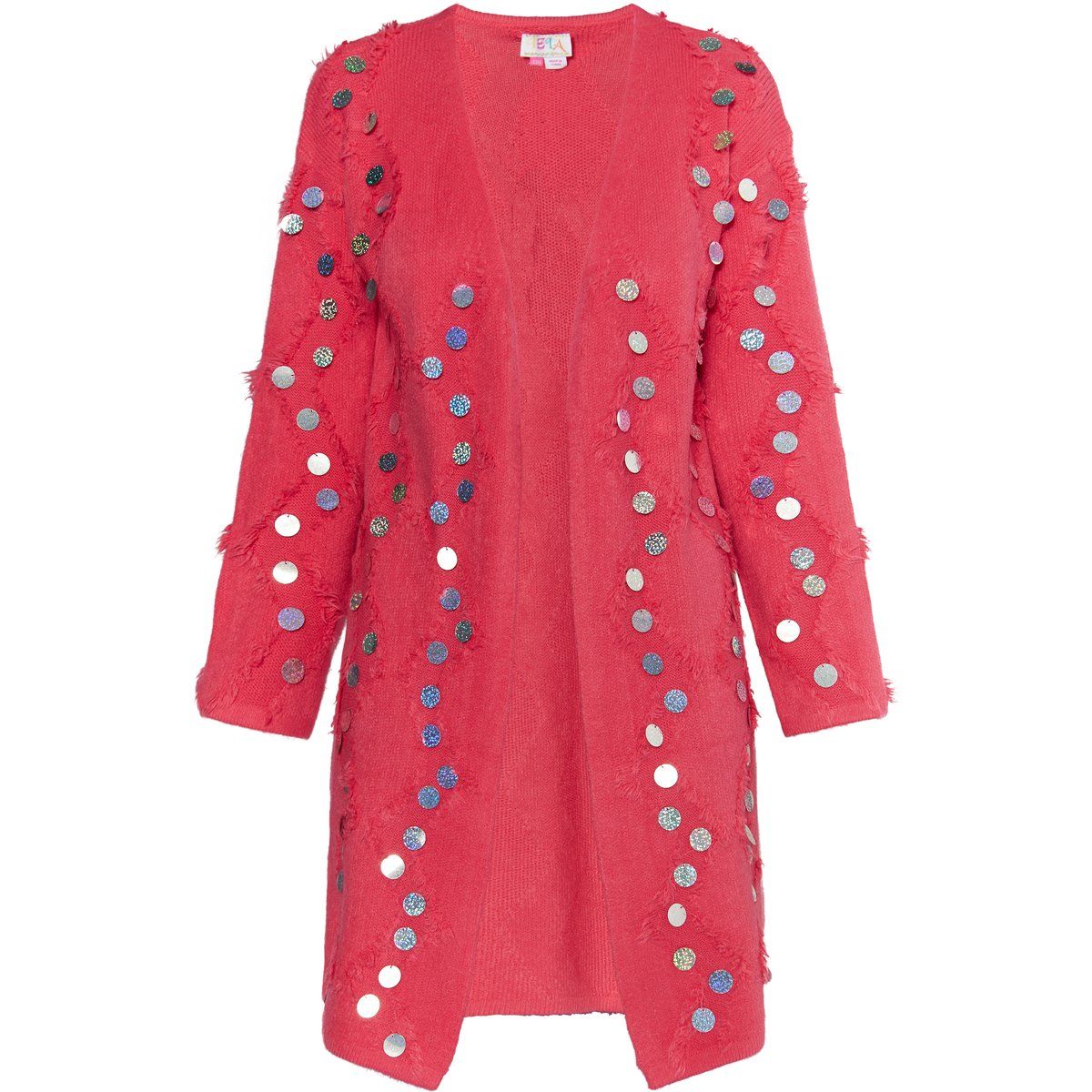 Lange offene Strickjacke mit holografischen Pailletten