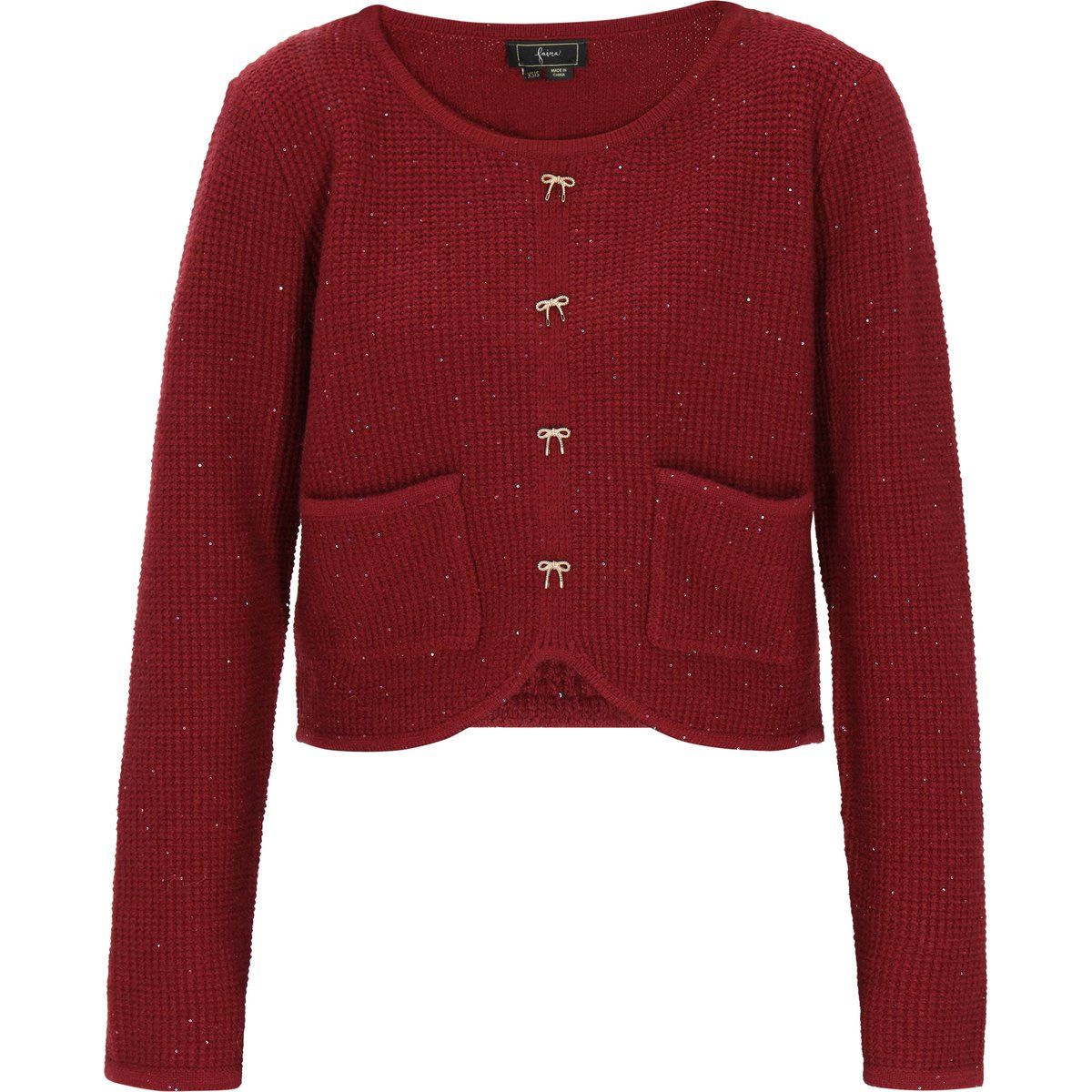 Schimmernde Waffelstrick-Strickjacke mit Schleifen