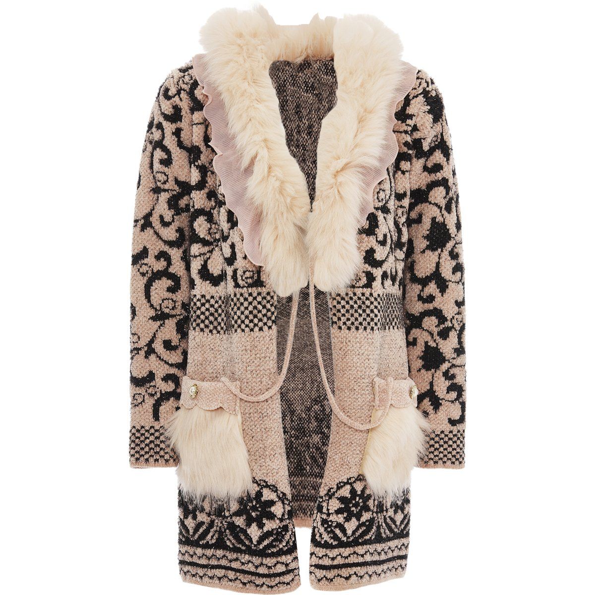 Gemusterte Strickjacke mit Pelzbesatz