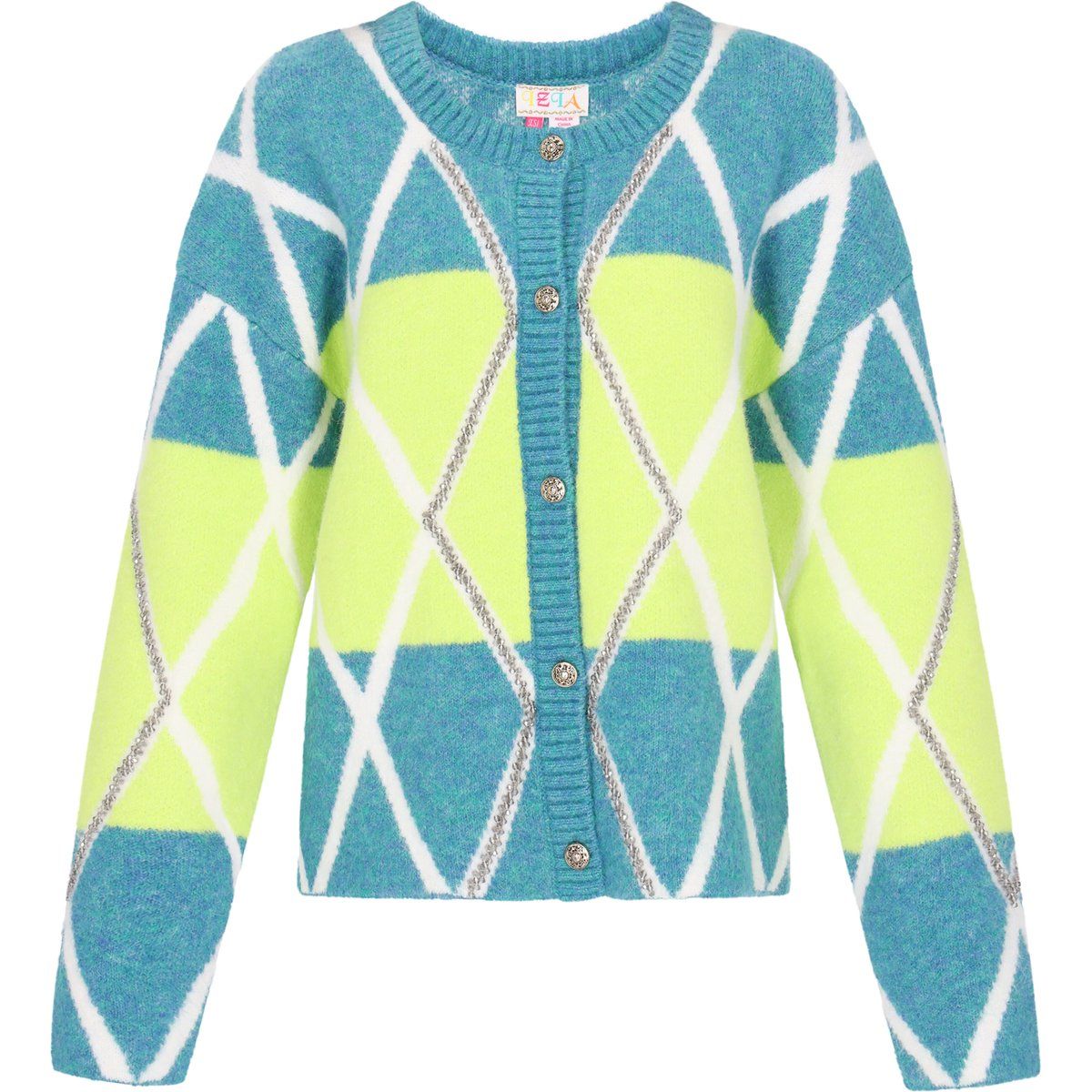Oversize-Strickjacke mit Argyle-Muster und Metallic-Akzenten