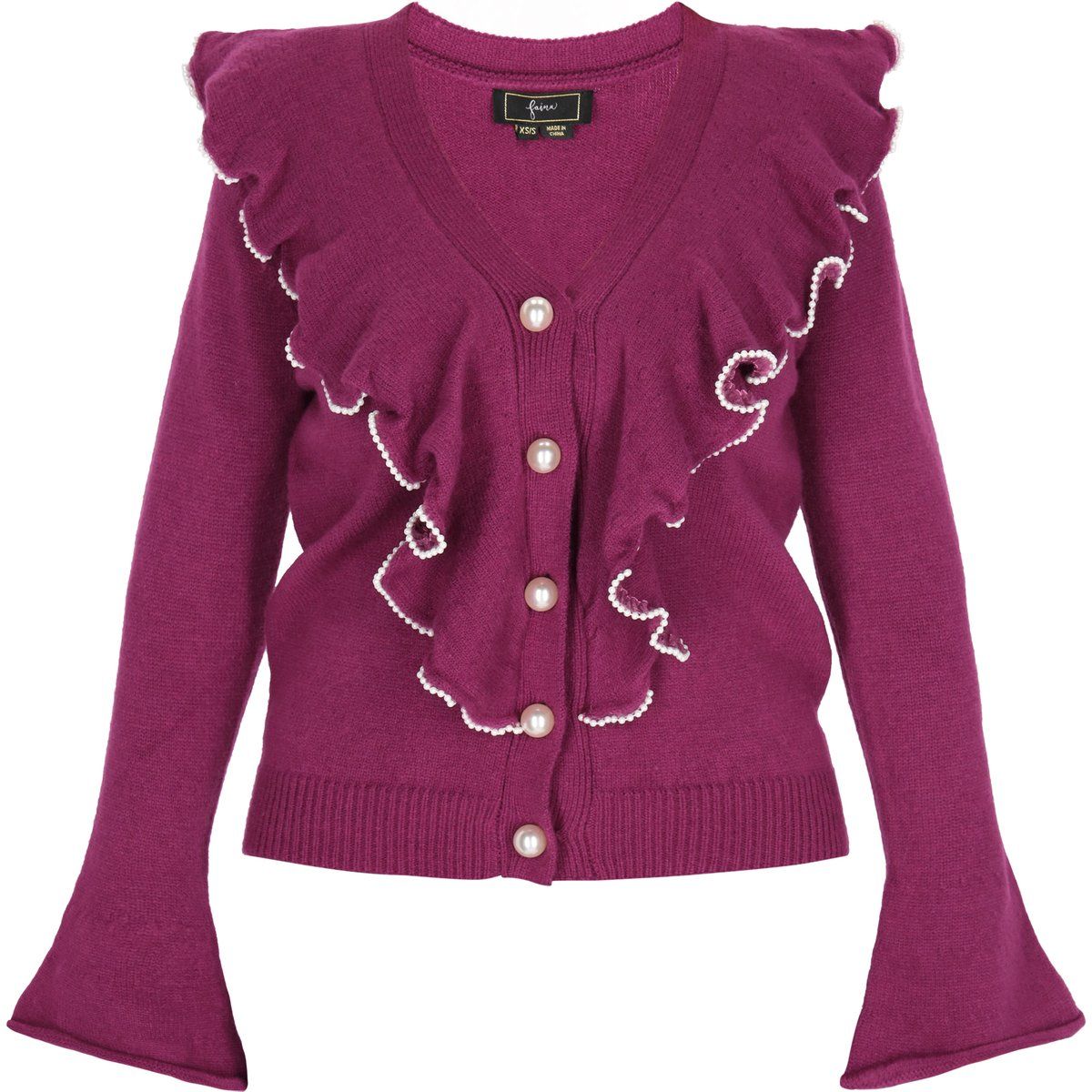 Strickjacke mit Rüschen und Perlen