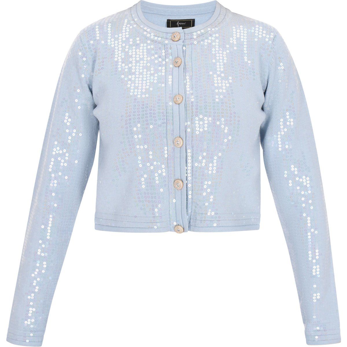 Kurze Pailletten-Strickjacke mit Rundhals