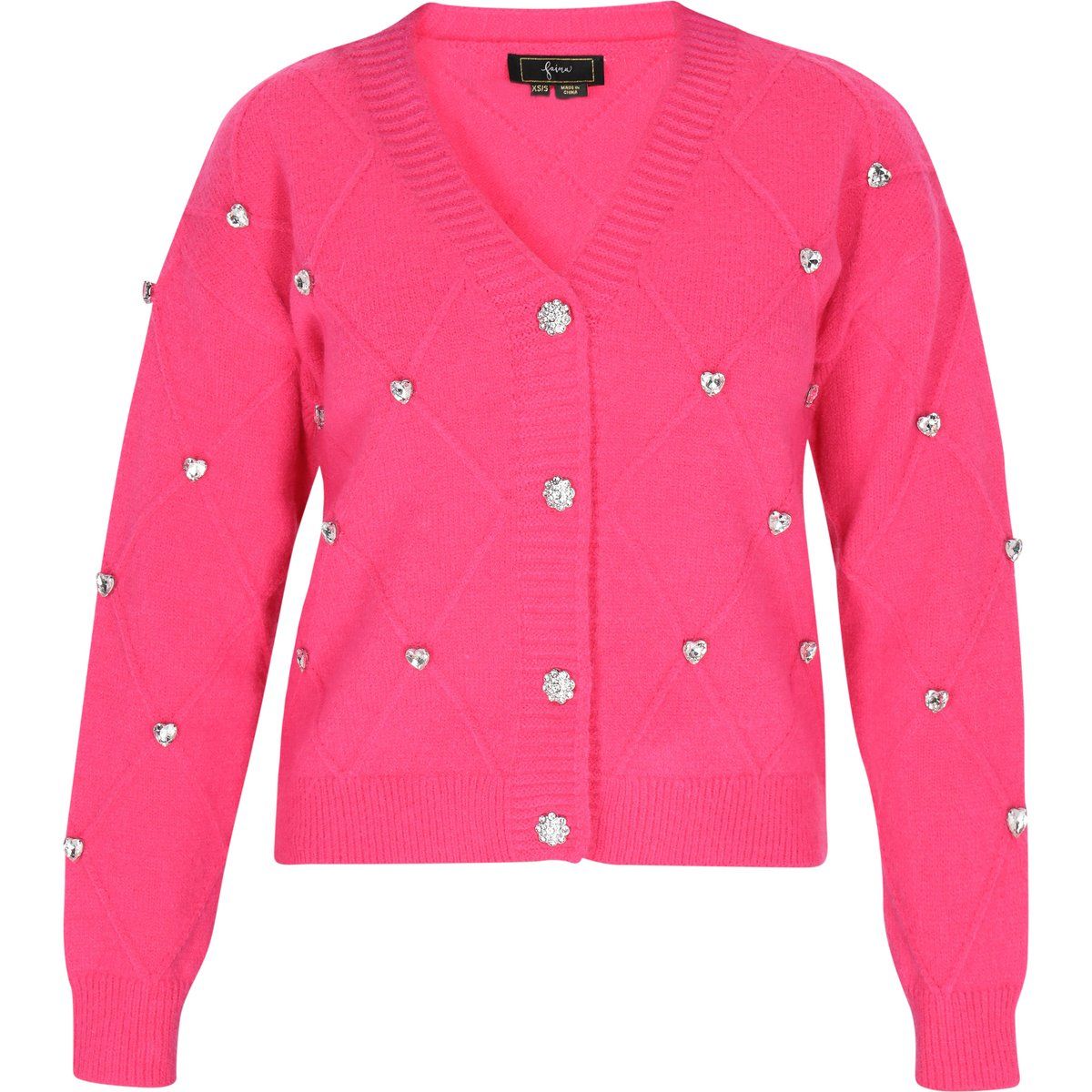 Verzierte Flauschige Strickjacke mit Rautenmuster