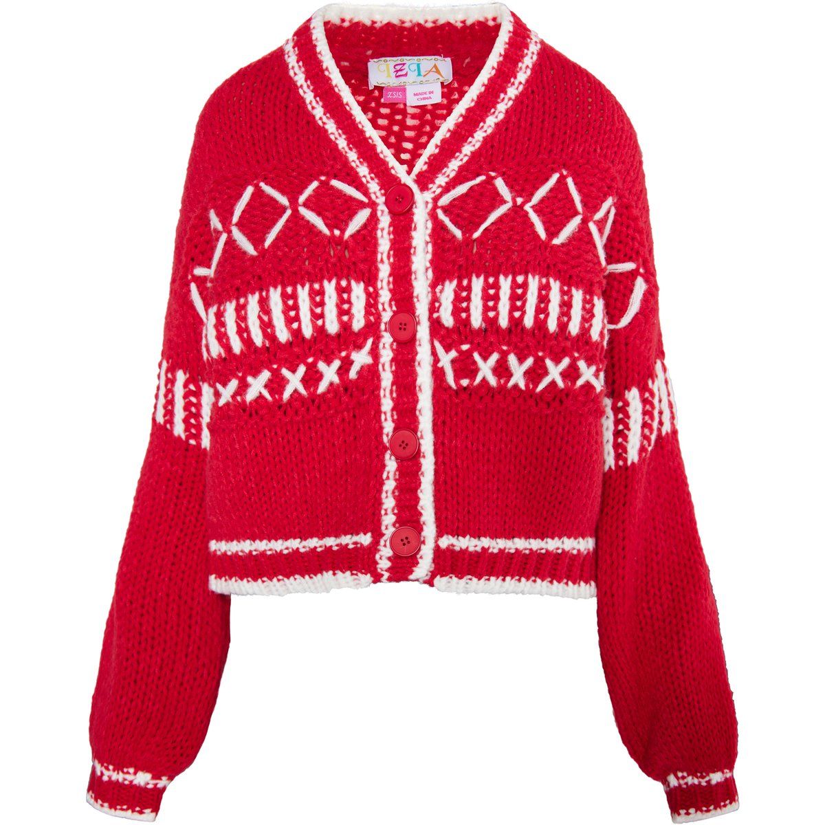 Grobstrick-Cardigan mit Muster und Ballonärmeln