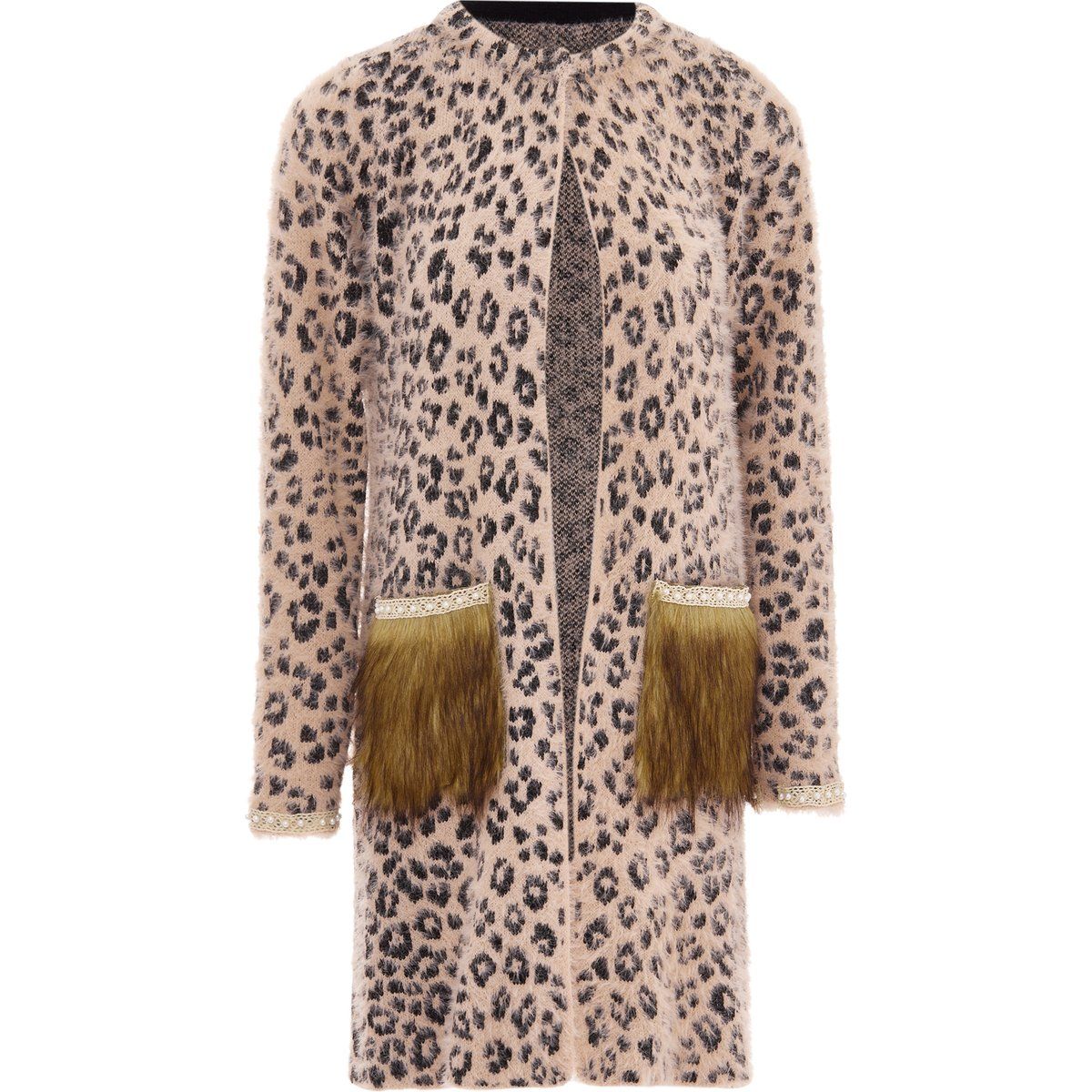 Strickjacke mit Leopardenmuster und Kunstfelltaschen