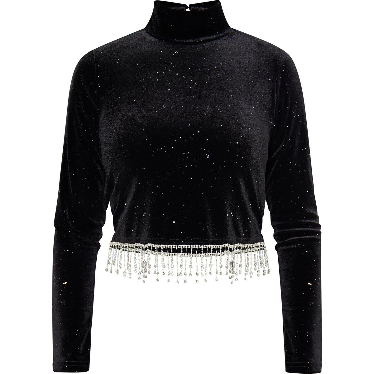 Glitzerndes High-Neck-Top mit Fransen