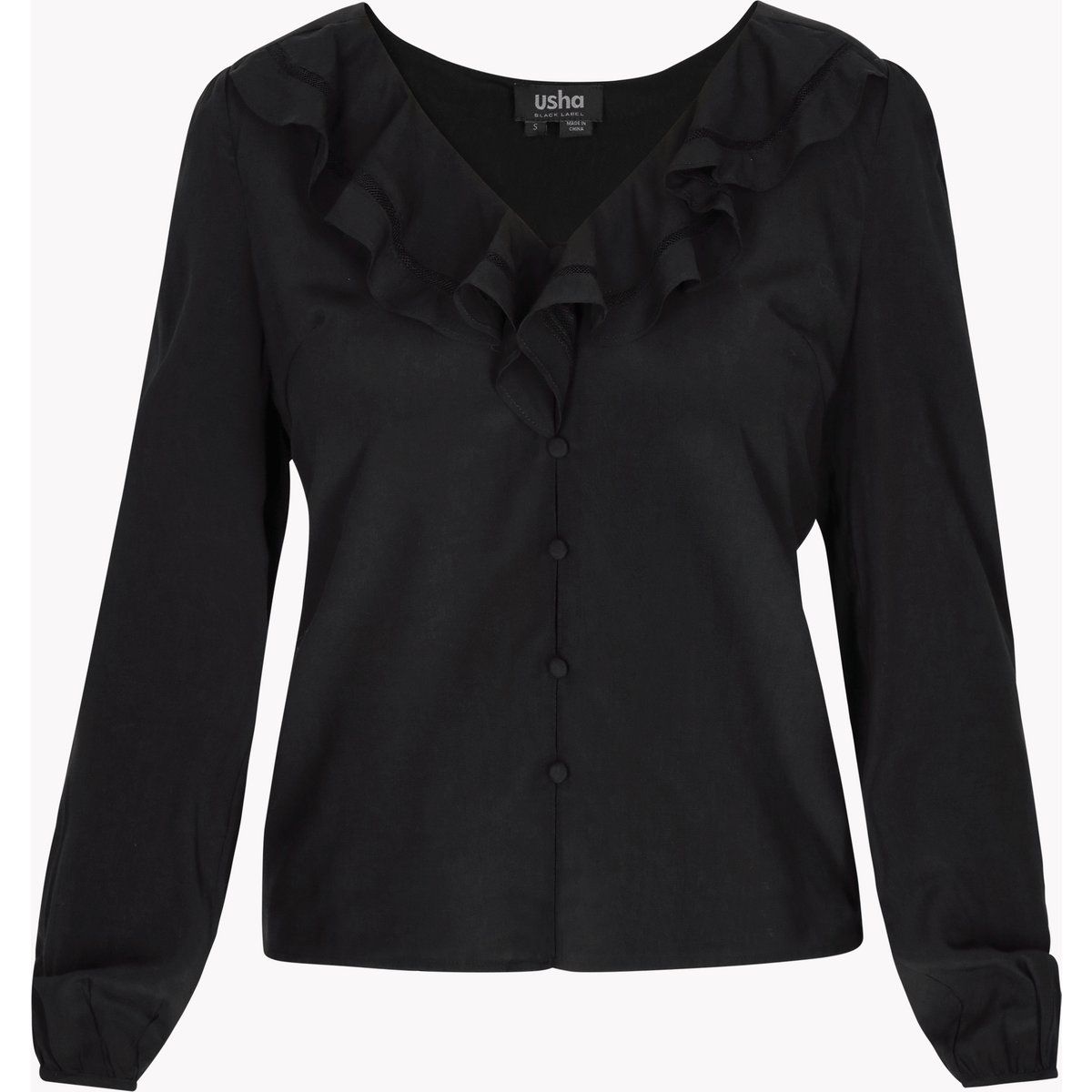 Bluse mit Rüschen-V-Ausschnitt und Laternenärmeln