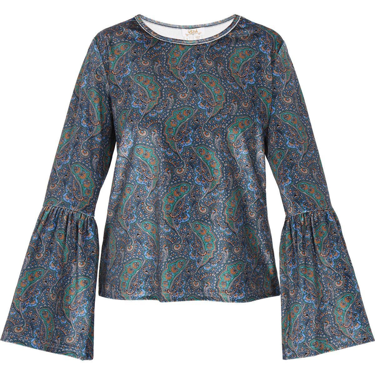 Paisley-Samtbluse mit Glockenärmeln